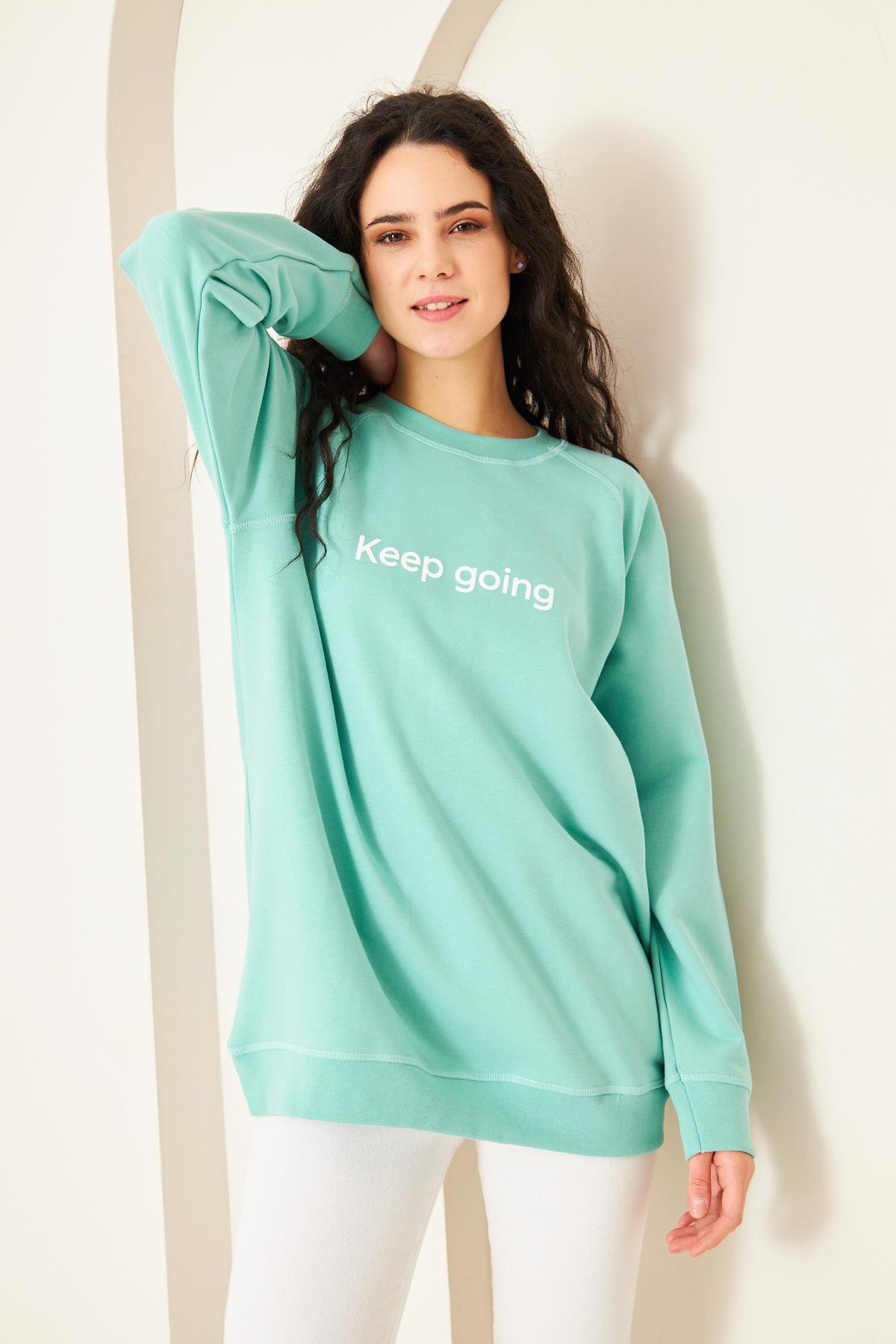 Camenta Yeşil Keep Going Baskılı Oversize Kadın Sweatshirt