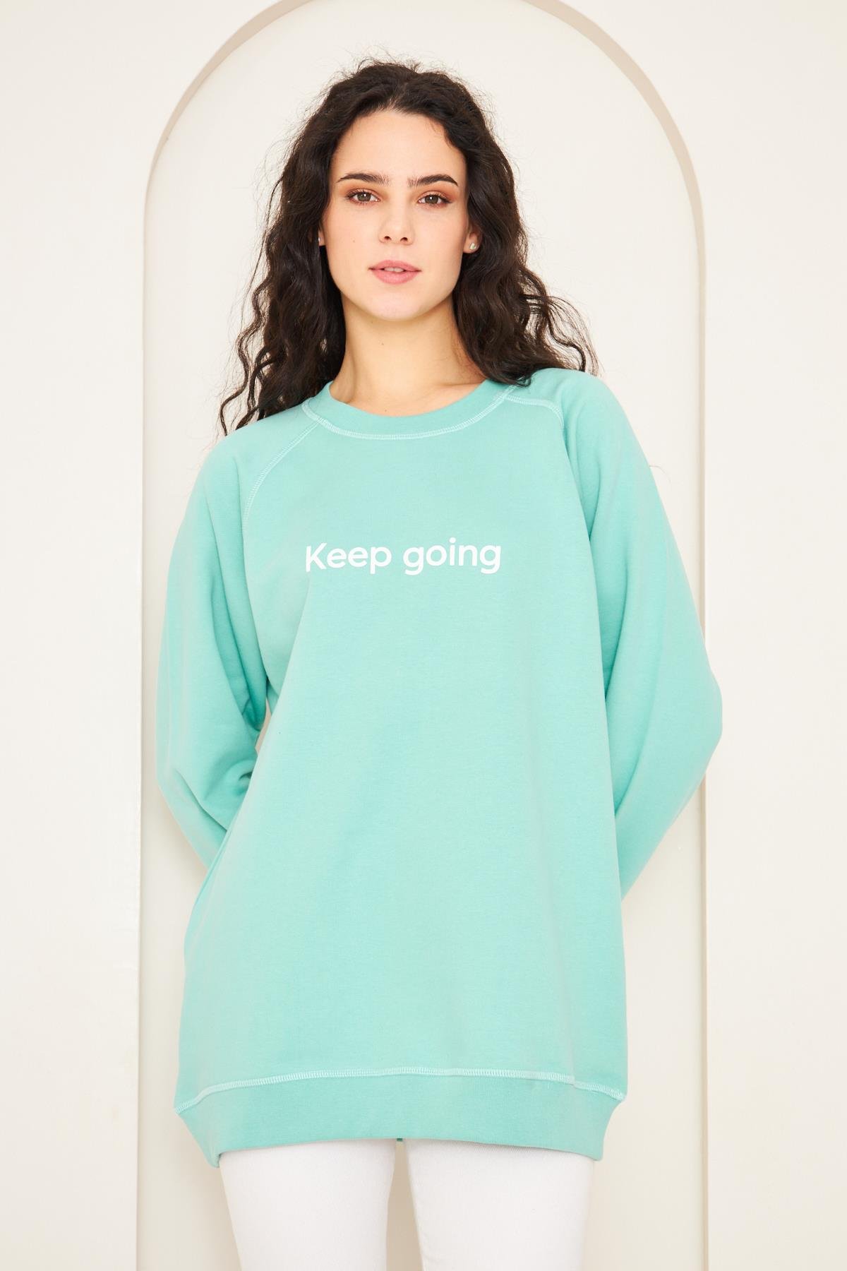 Camenta Yeşil Keep Going Baskılı Oversize Kadın Sweatshirt