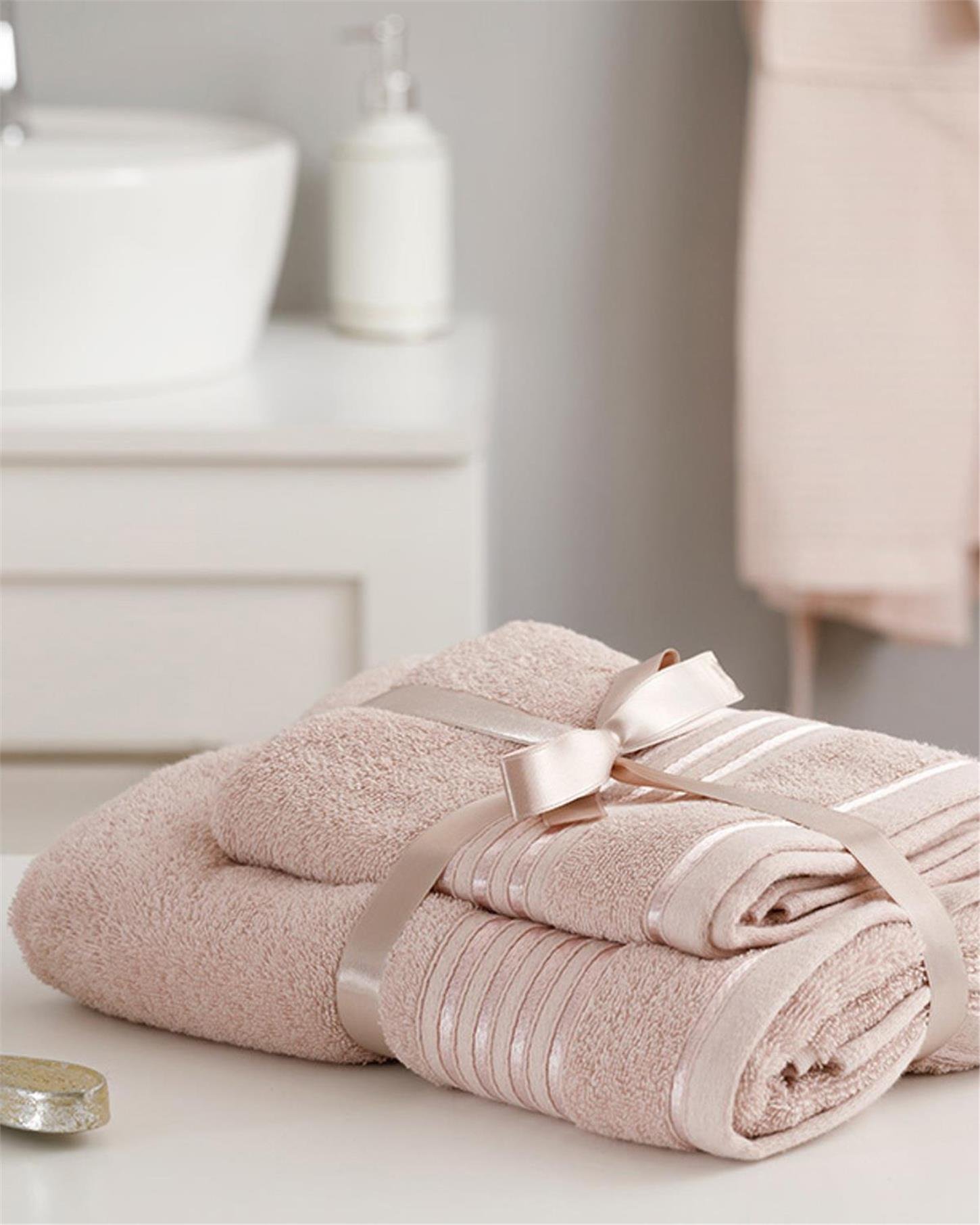 10029017002English Home Romantic Stripe Floşlu Banyo Havlusu Takımı 50x85cm + 70x150cm Nude