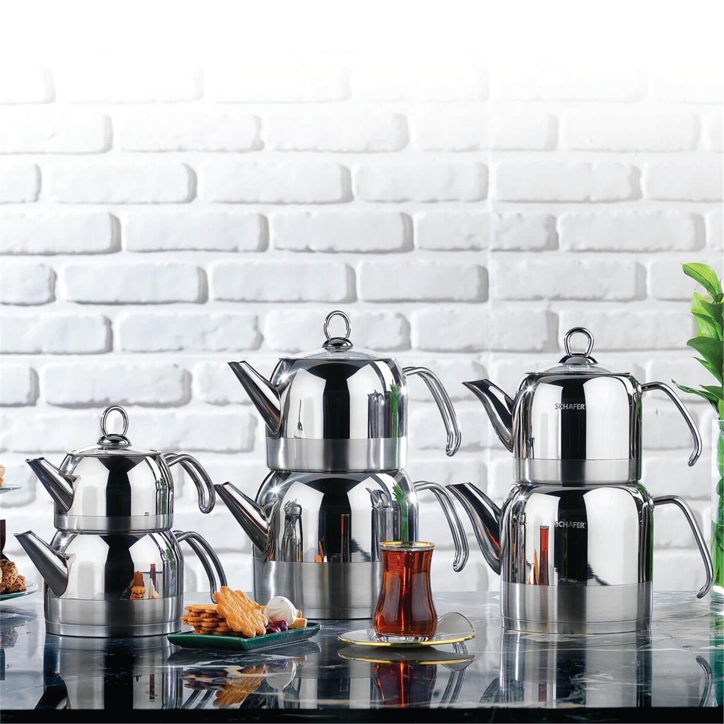 1S0002-15001-INX06Schafer Ada Metal Çaydanlık Takımı Büyük 4 prç Inox