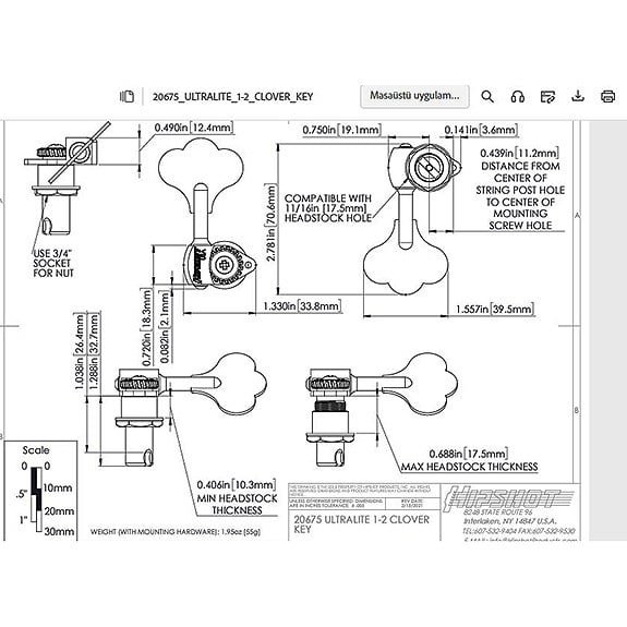 Hipshot Licenced Ultralite Clover Tekli Bas Gitar Burgu Sol Krom (1/2) (Ekstra hafif)