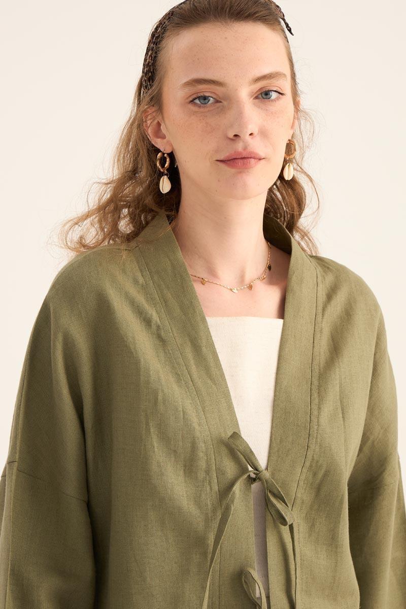 %100 Keten Kimono Haki