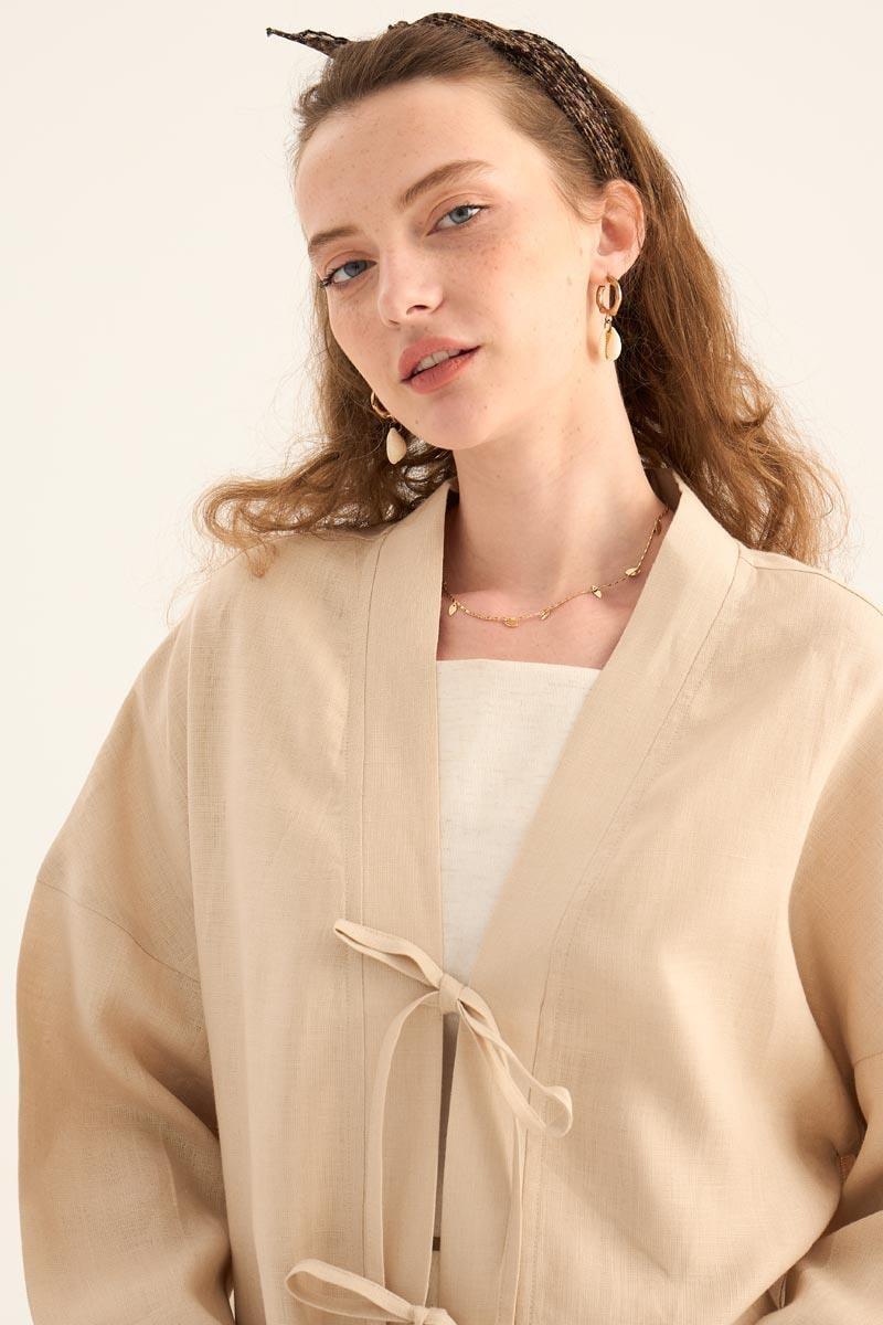 %100 Keten Kimono Krem