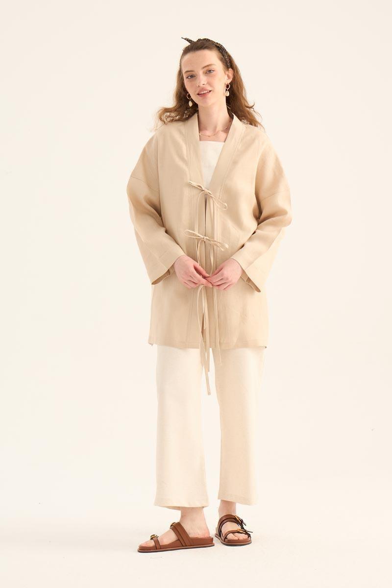 %100 Keten Kimono Krem