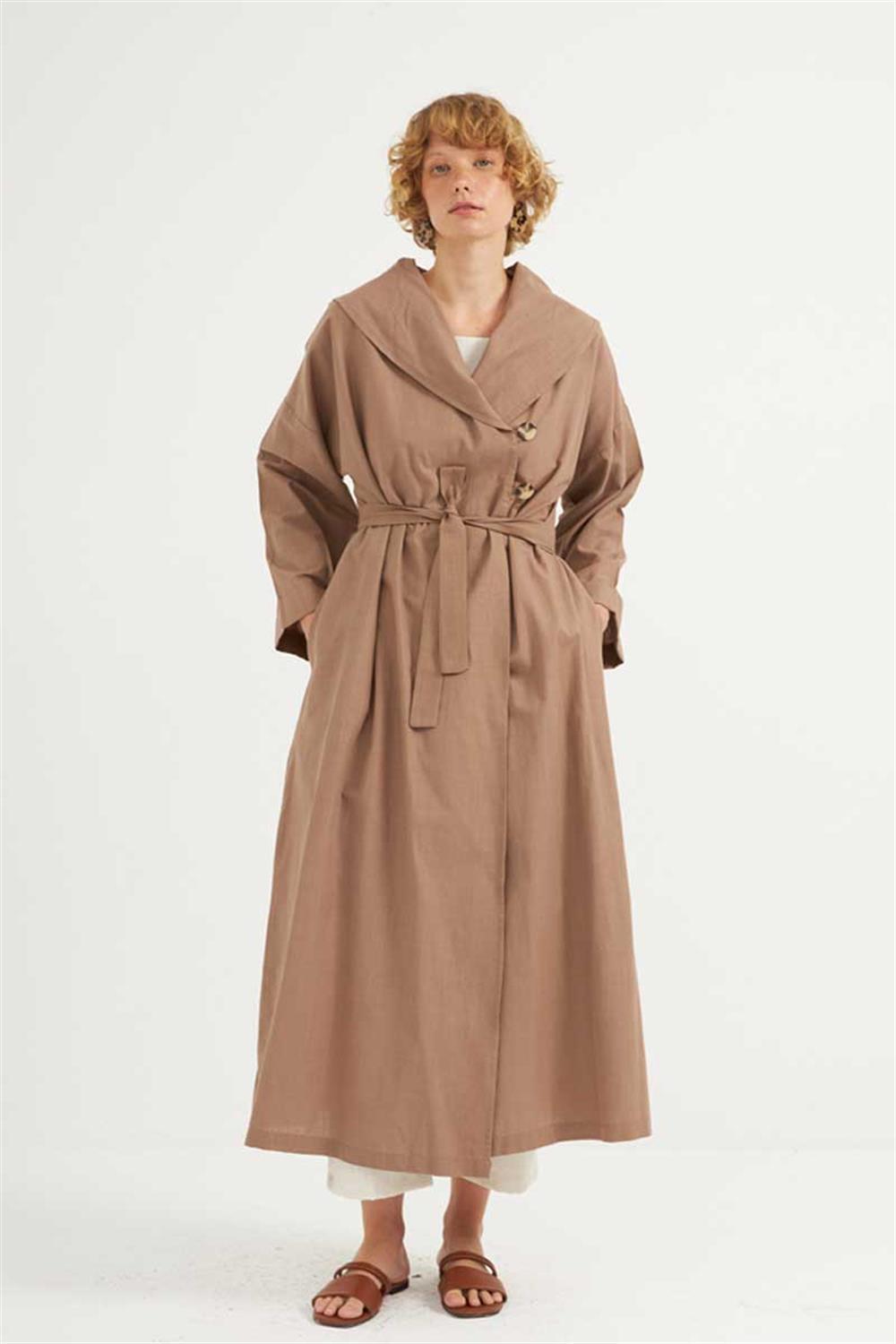 Çift Düğmeli Pamuk Kaftan Camel