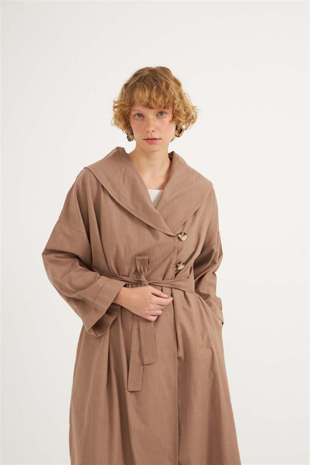 Çift Düğmeli Pamuk Kaftan Camel