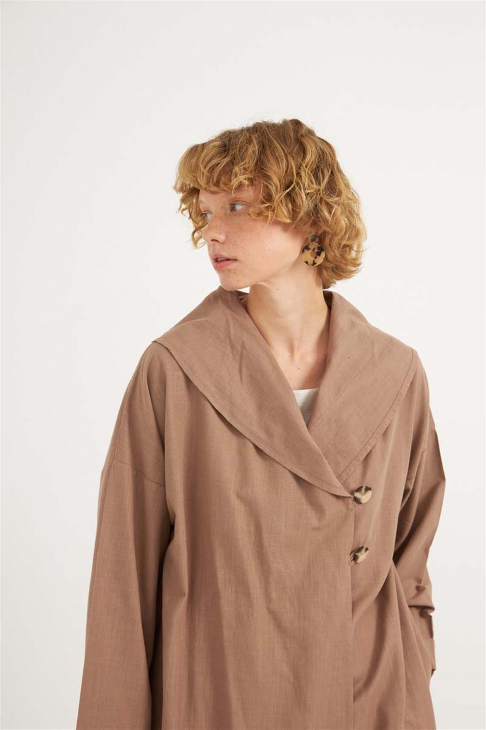 Çift Düğmeli Pamuk Kaftan Camel