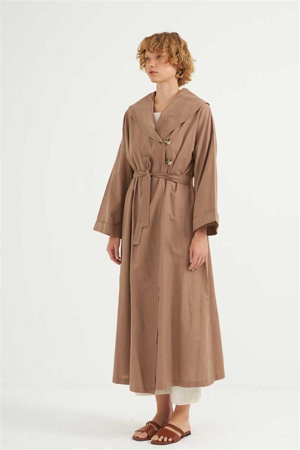 Çift Düğmeli Pamuk Kaftan Camel