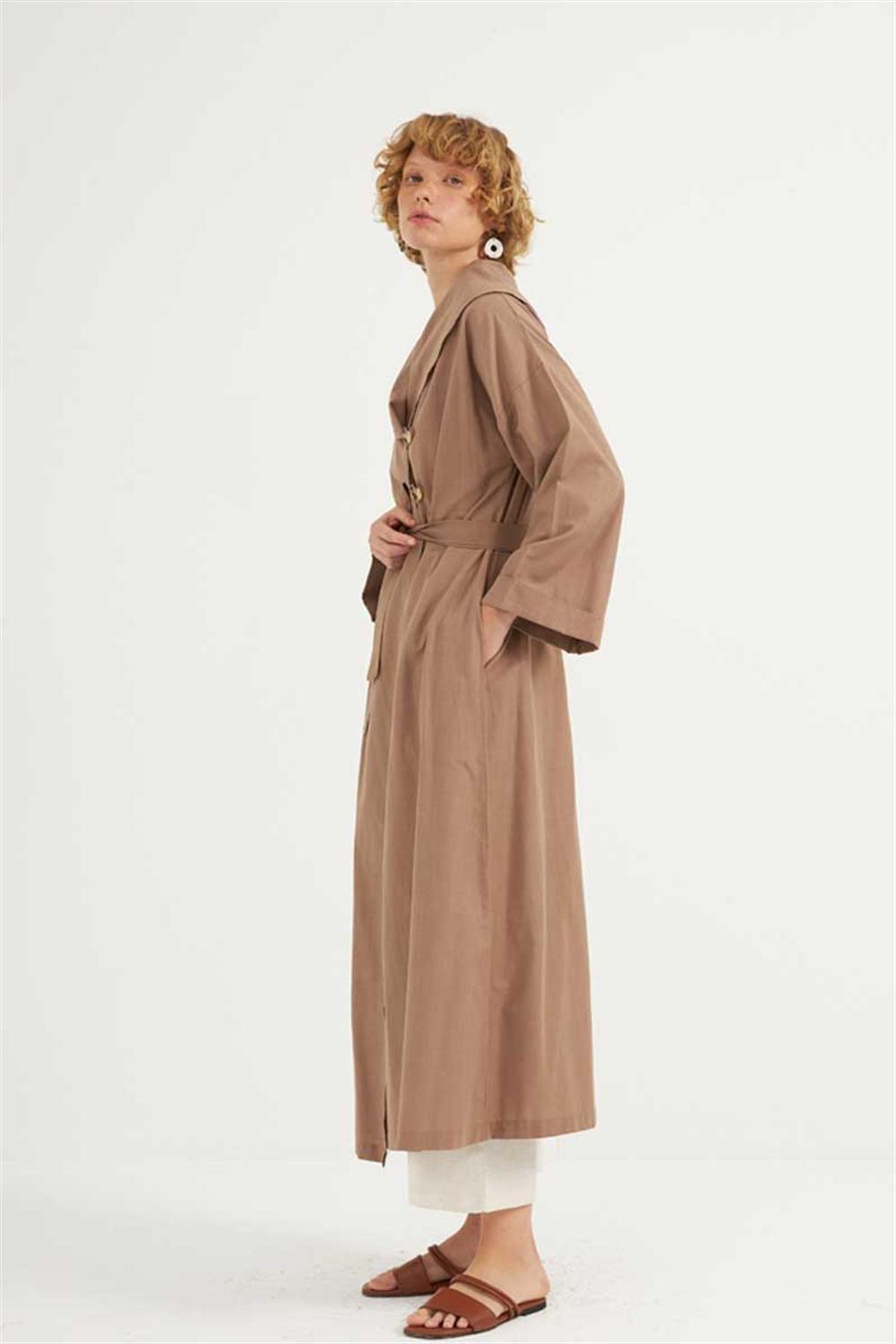 Çift Düğmeli Pamuk Kaftan Camel