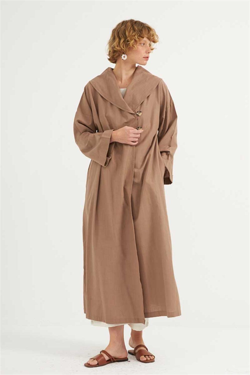 Çift Düğmeli Pamuk Kaftan Camel