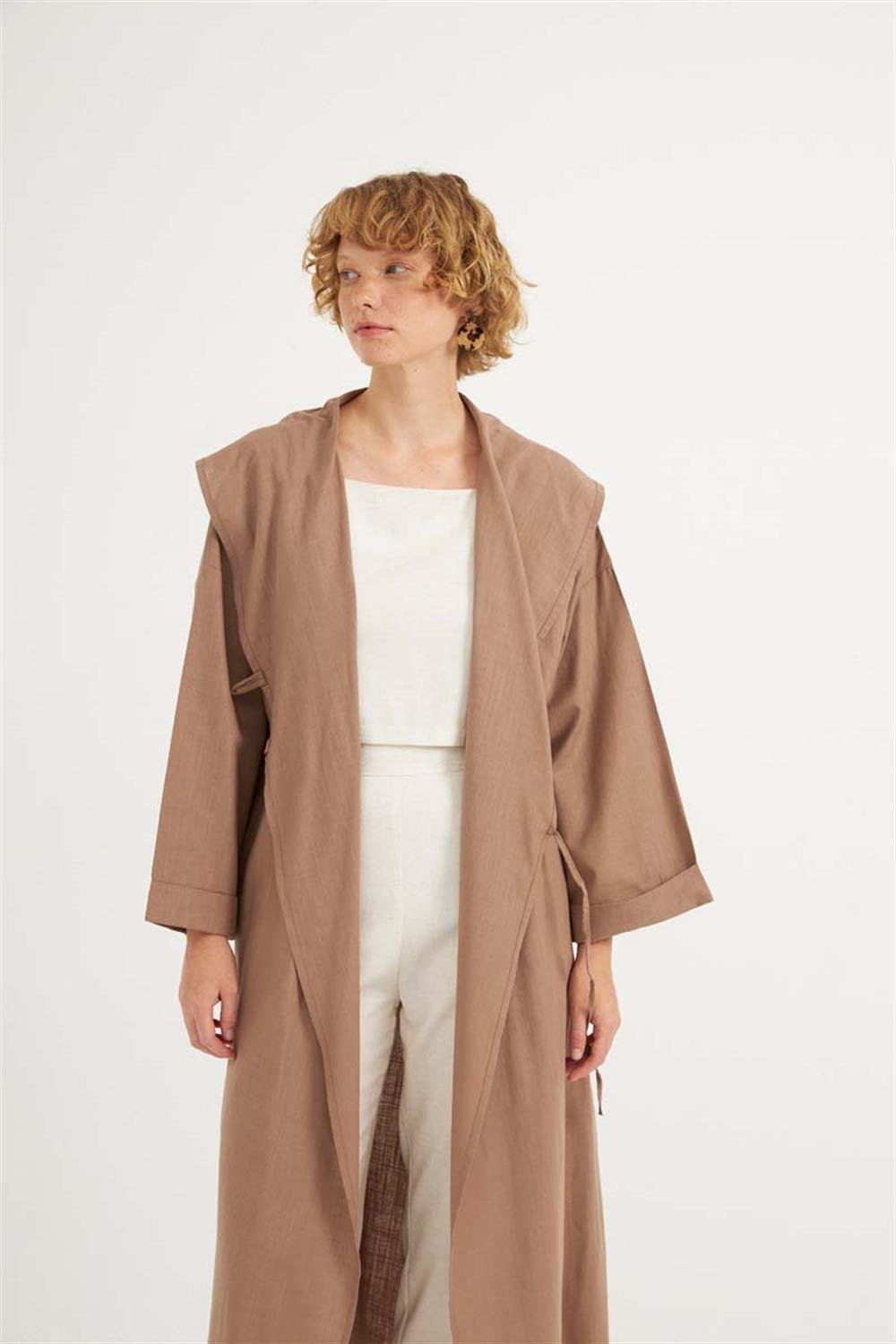 Çift Düğmeli Pamuk Kaftan Camel