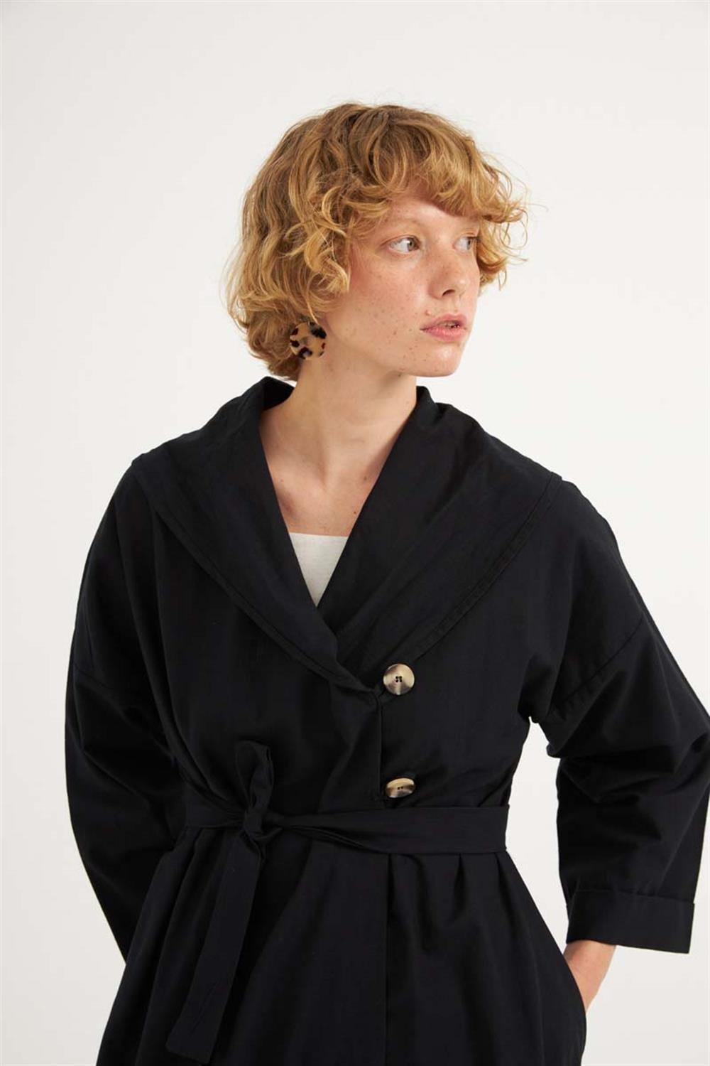 Çift Düğmeli Pamuk Kaftan Siyah