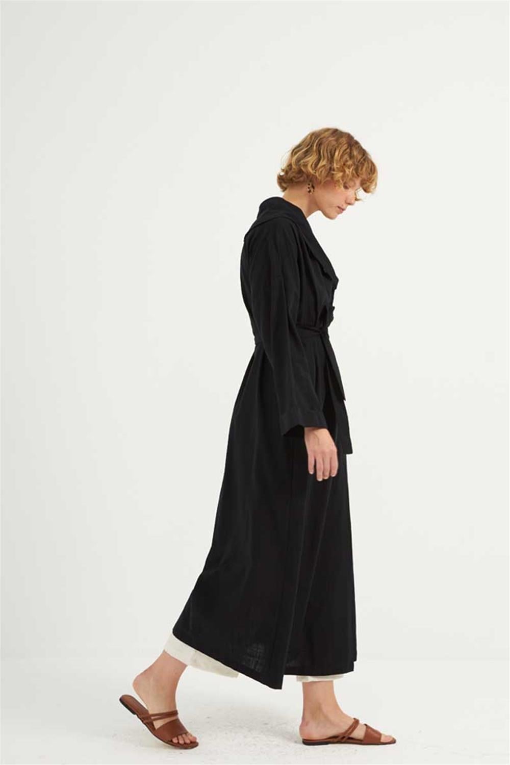 Çift Düğmeli Pamuk Kaftan Siyah
