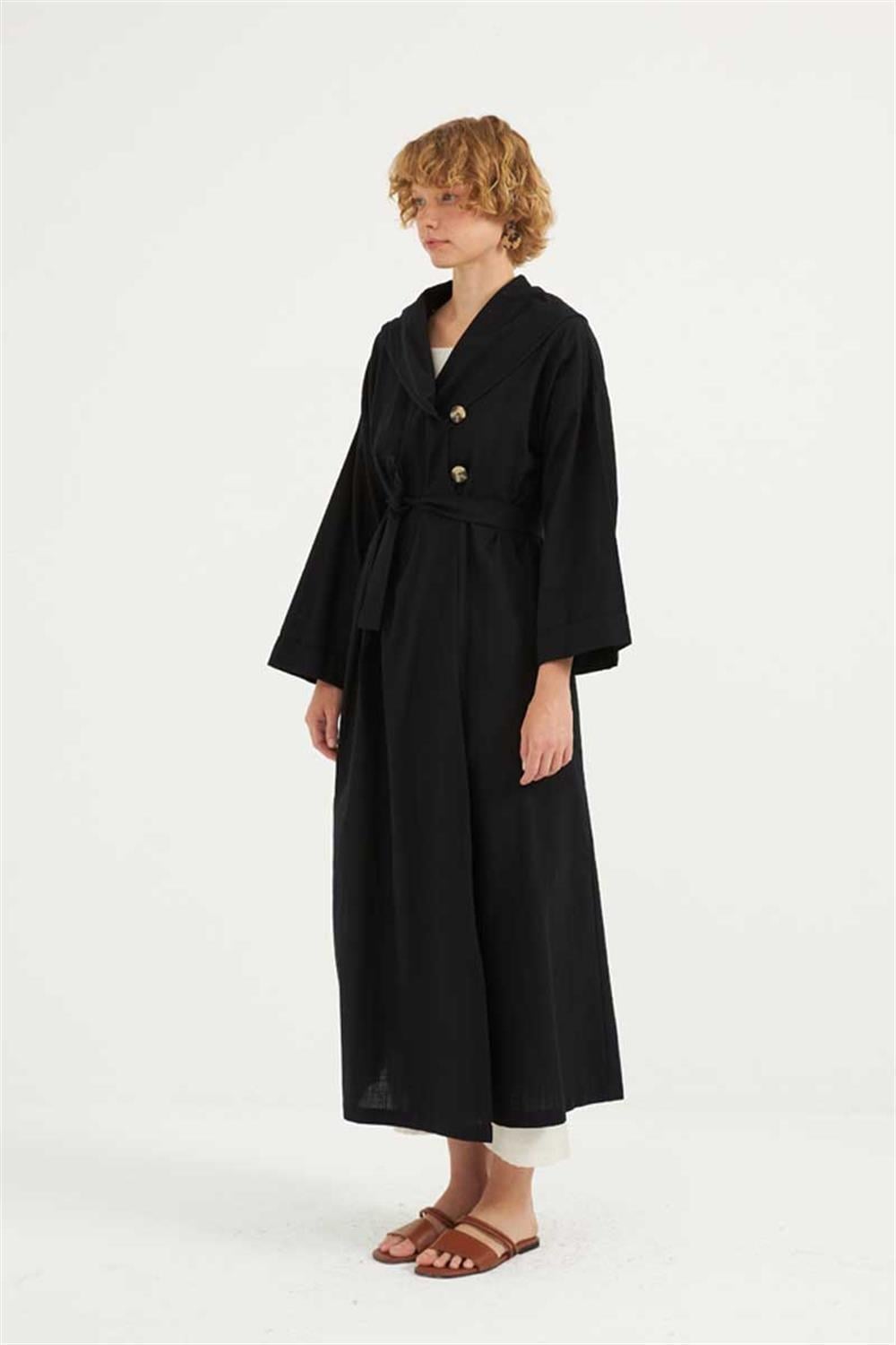 Çift Düğmeli Pamuk Kaftan Siyah
