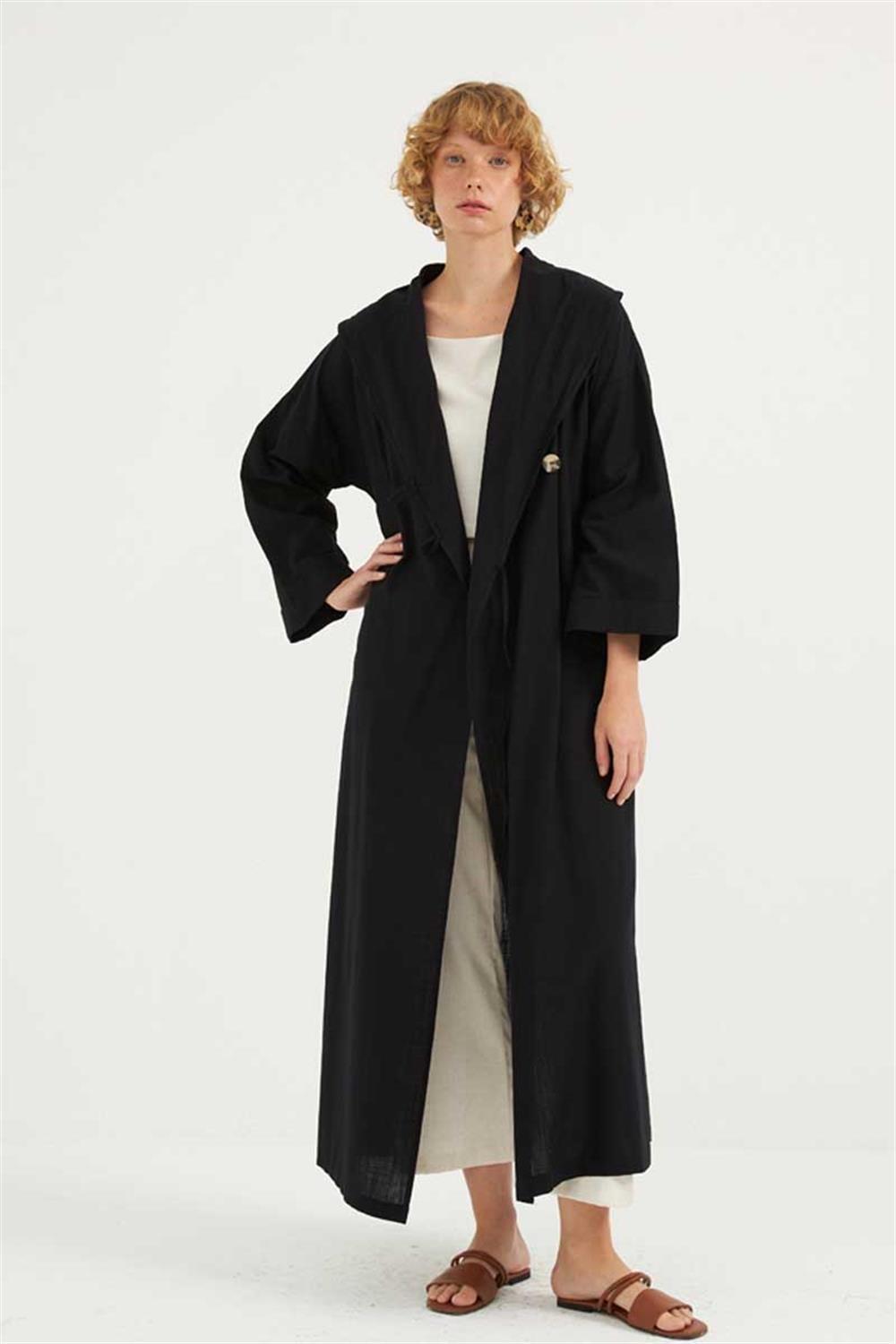 Çift Düğmeli Pamuk Kaftan Siyah
