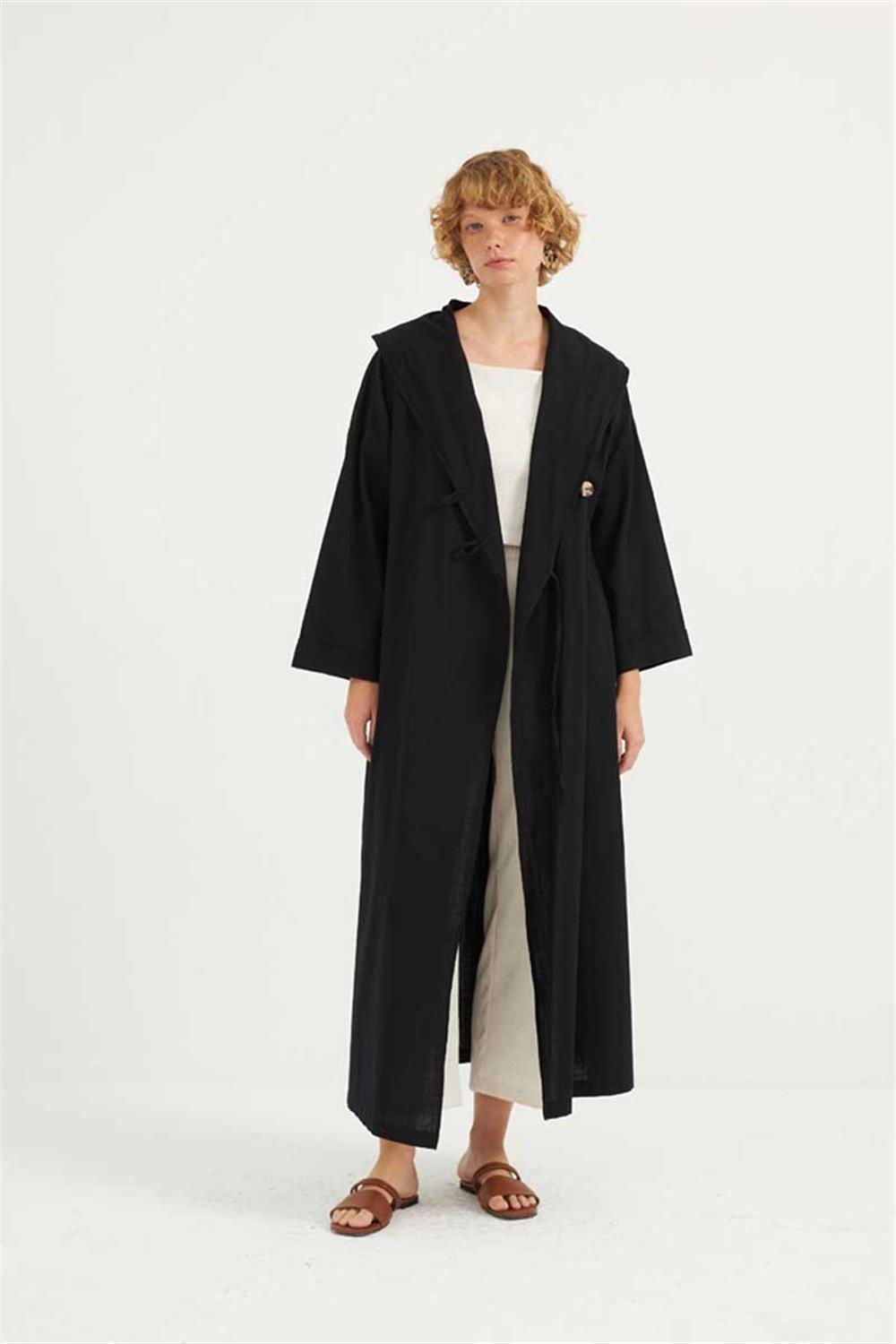 Çift Düğmeli Pamuk Kaftan Siyah