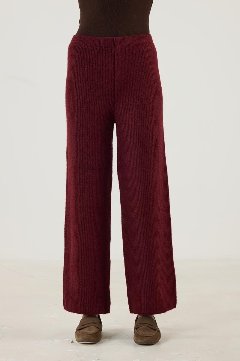 Kadın   Beli Lastikli Örme Triko Pantolon Bordo