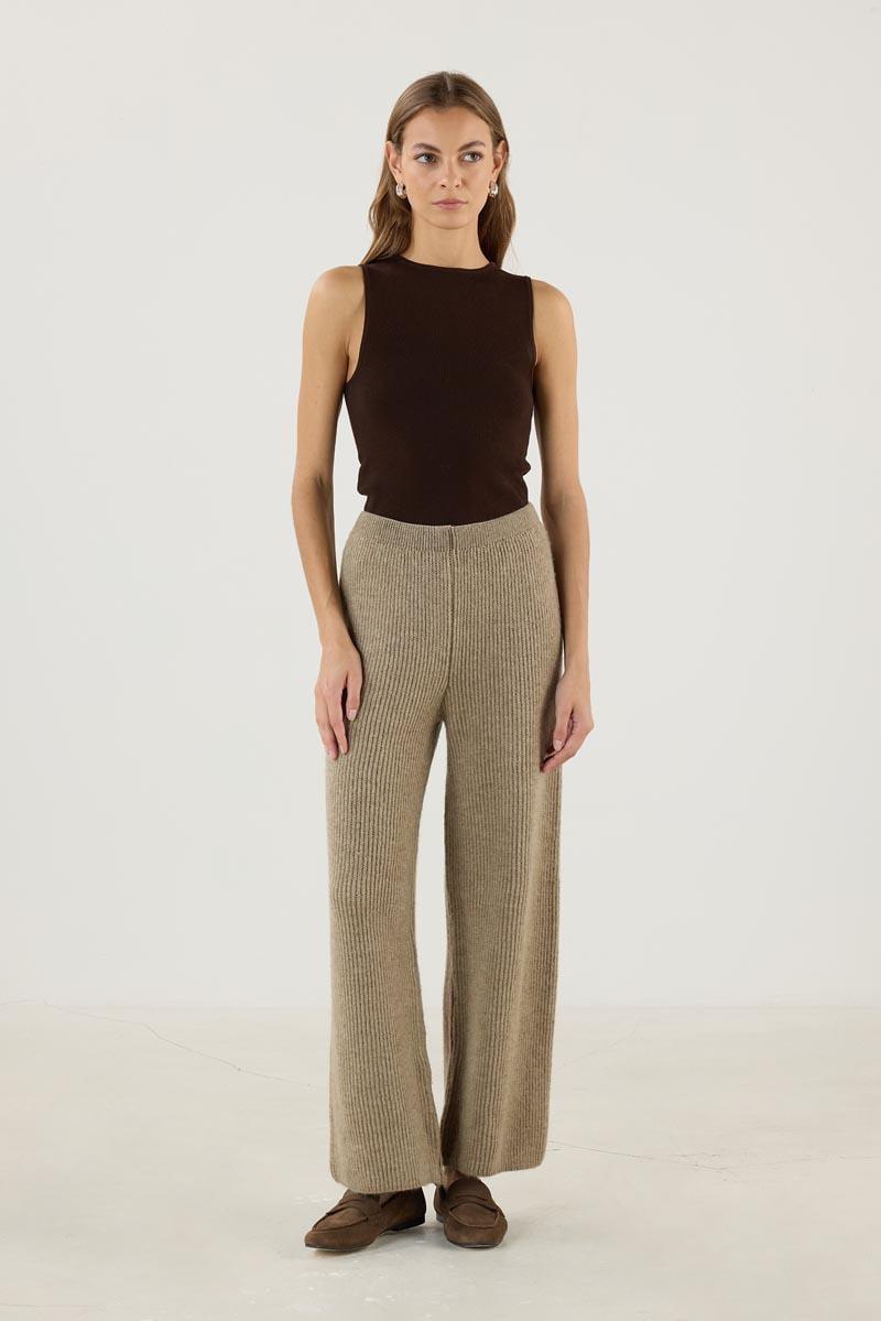 Kadın   Beli Lastikli Örme Triko Pantolon Vizon