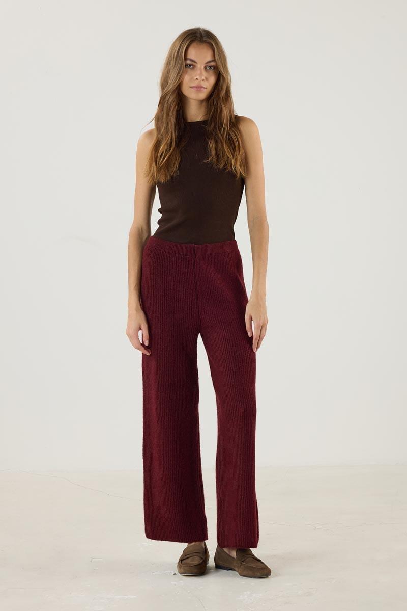 Kadın   Beli Lastikli Örme Triko Pantolon Bordo