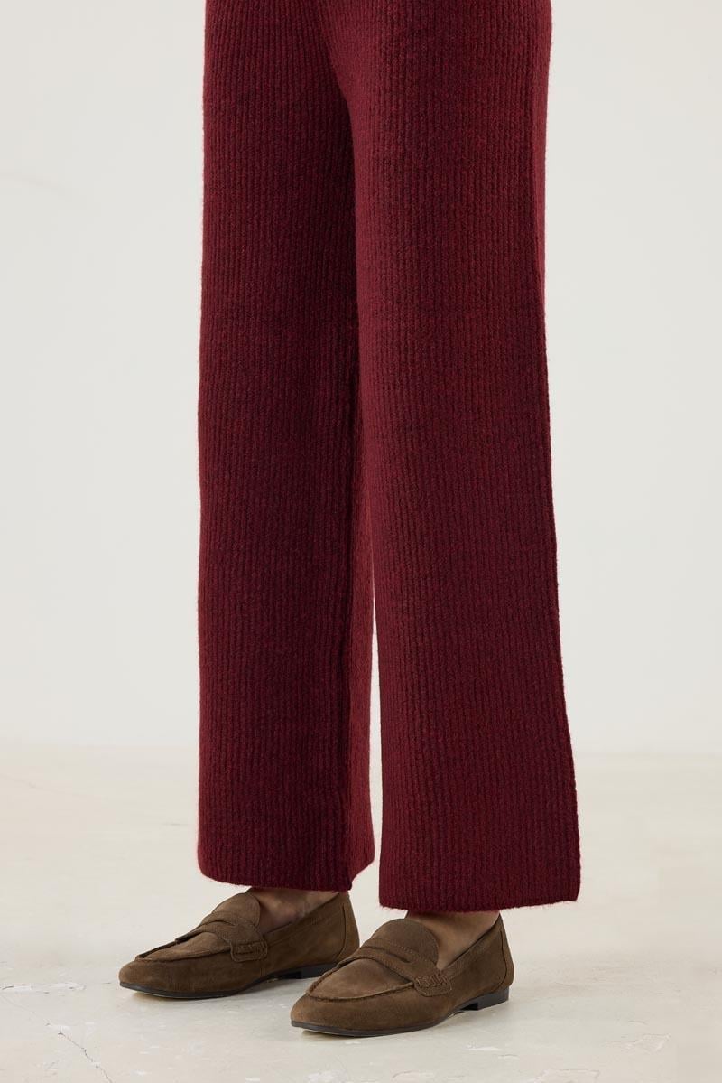 Kadın   Beli Lastikli Örme Triko Pantolon Bordo