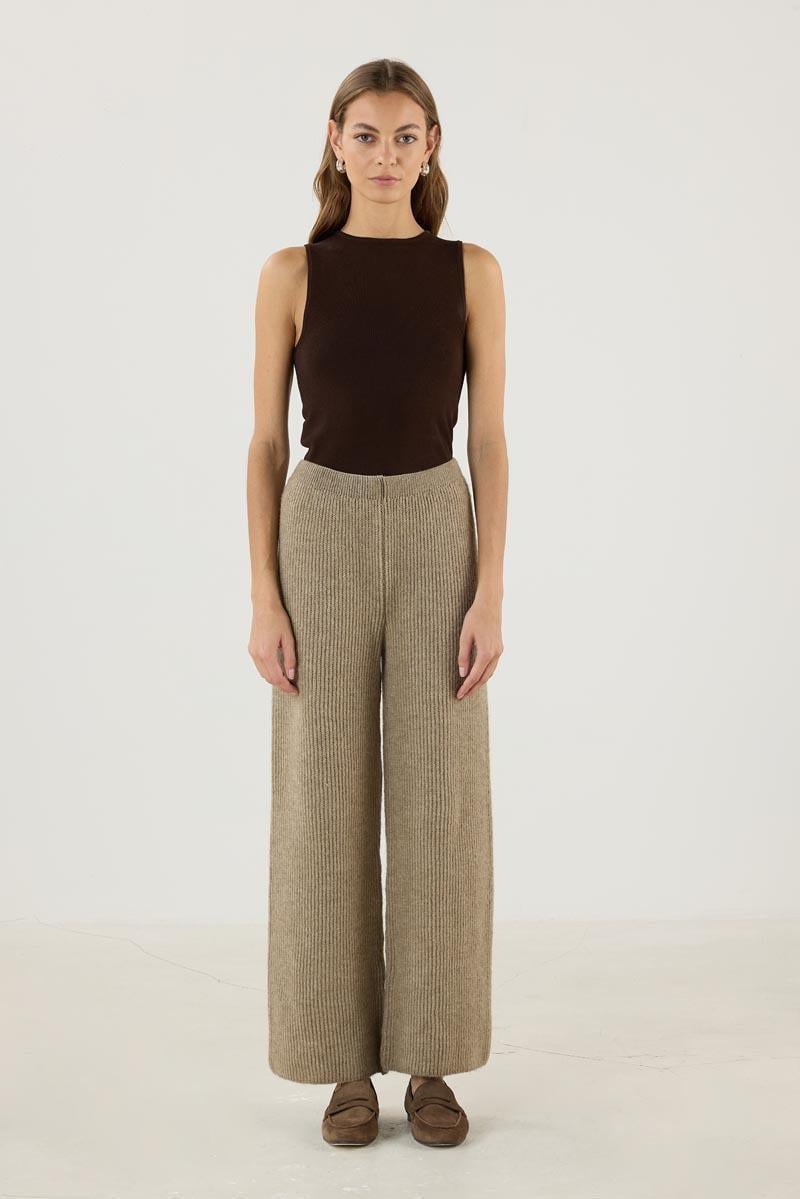 Kadın   Beli Lastikli Örme Triko Pantolon Vizon