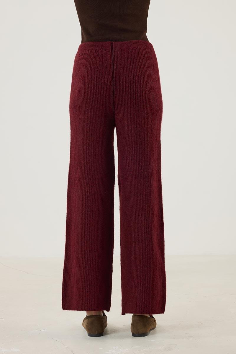 Kadın   Beli Lastikli Örme Triko Pantolon Bordo