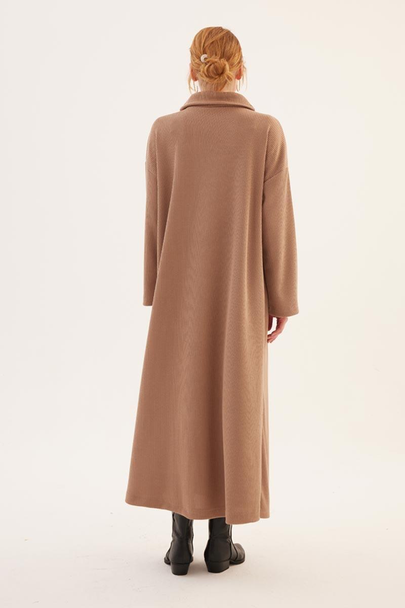 Kemerli Önü Çift Katlı Elbise Camel