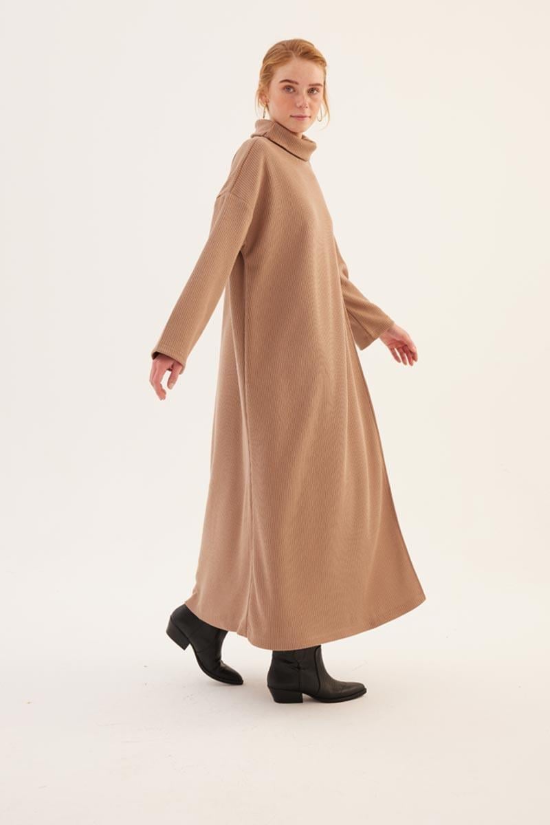 Kemerli Önü Çift Katlı Elbise Camel