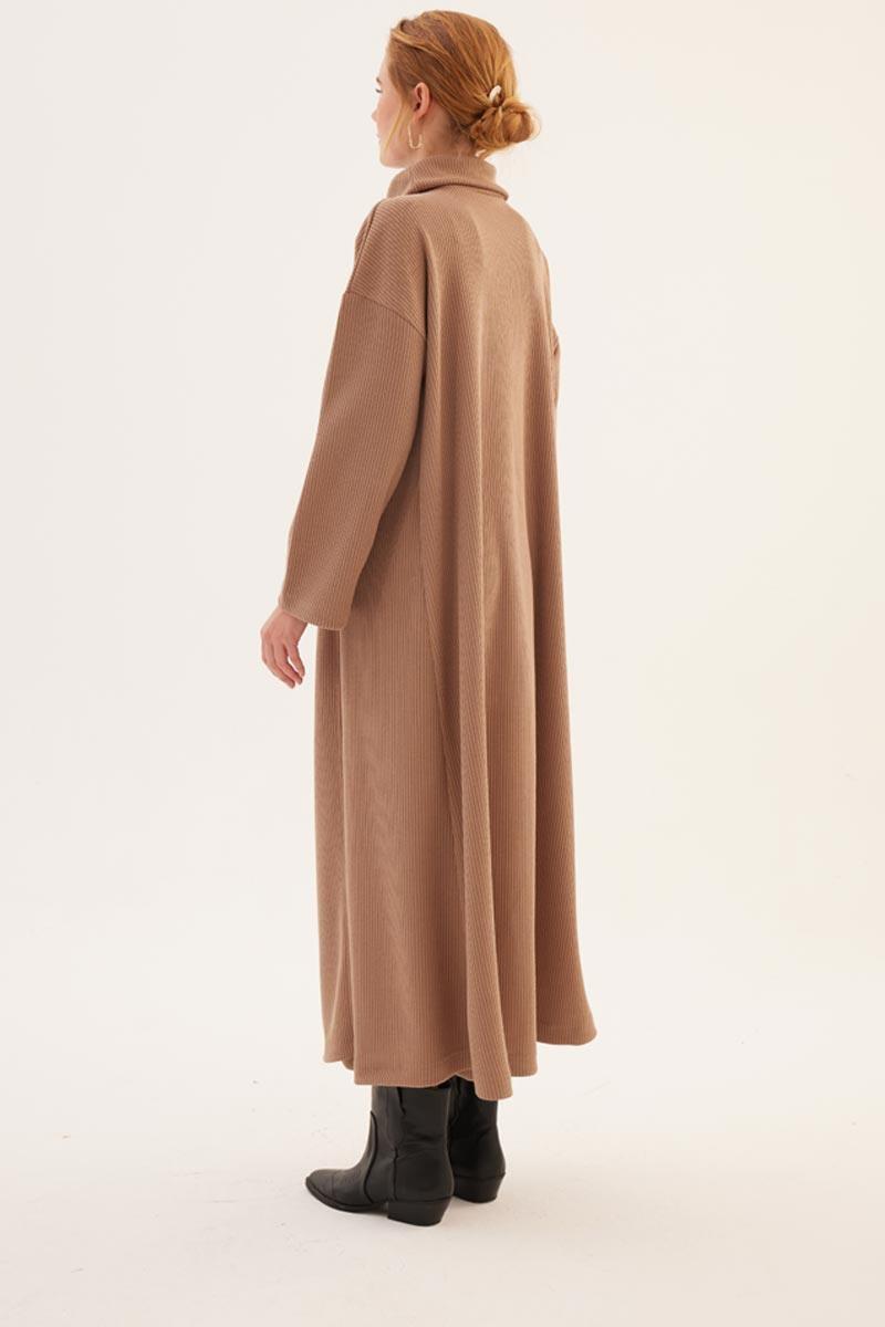 Kemerli Önü Çift Katlı Elbise Camel