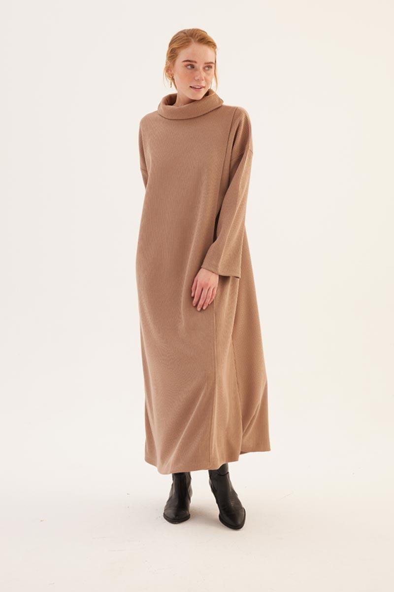 Kemerli Önü Çift Katlı Elbise Camel