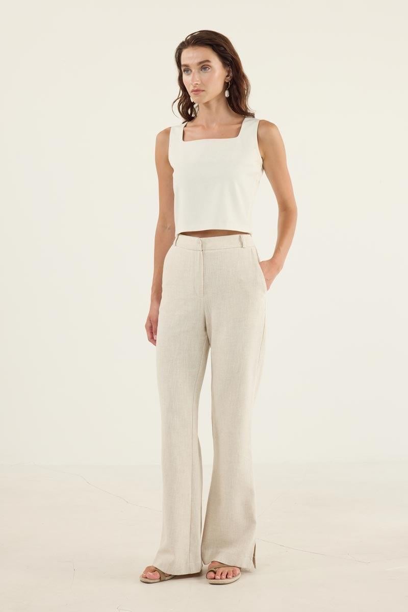 Naturel Keten Flare Pantolon Naturel
