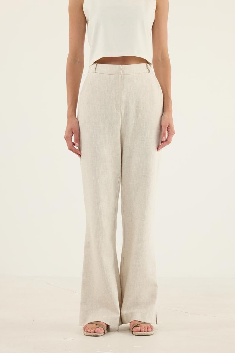 Naturel Keten Flare Pantolon Naturel