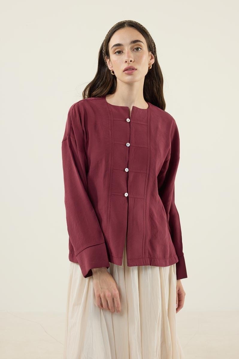 Sedef Düğmeli Modal Bluz Bordo