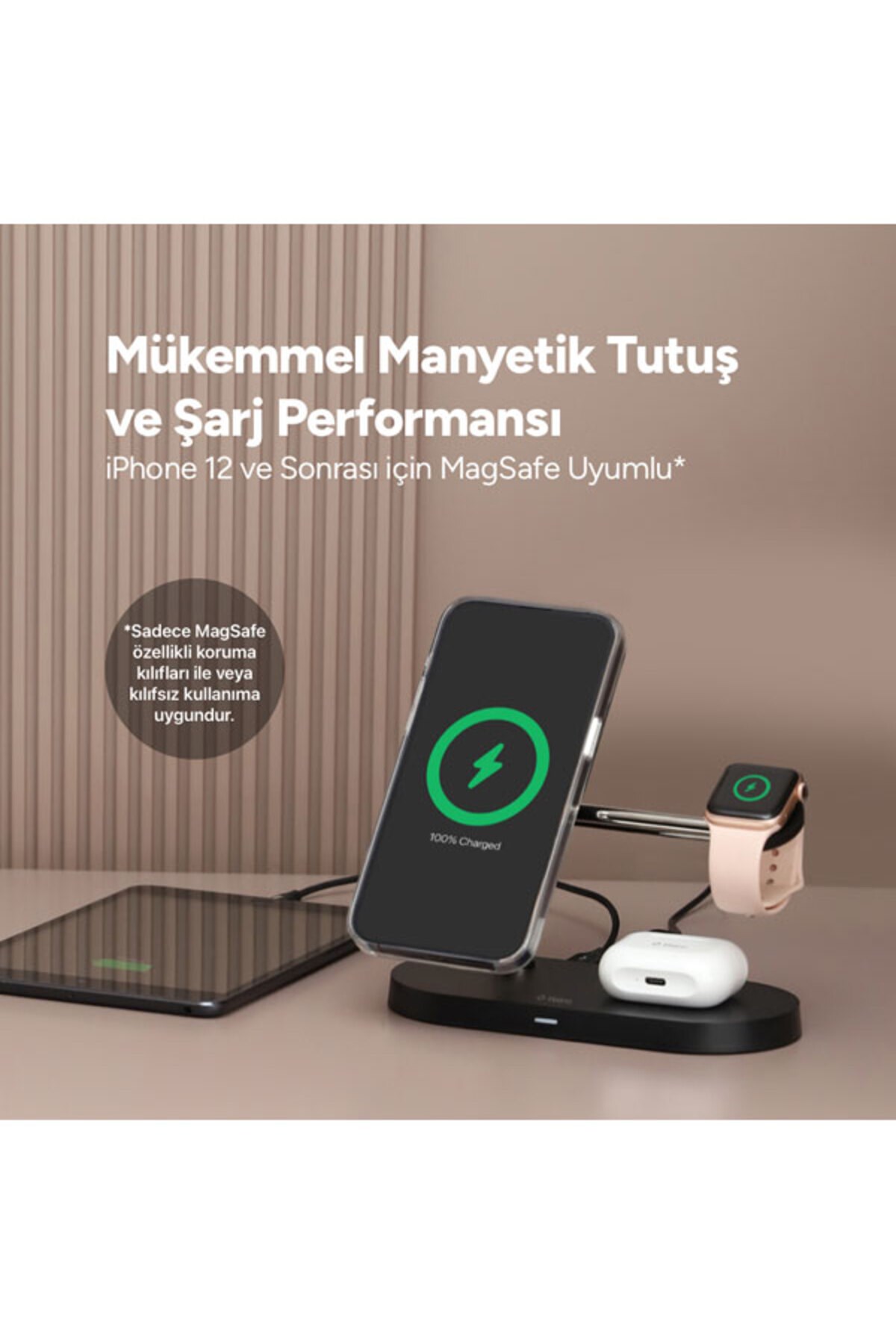 Aircharger Quattro M Magsafe Uyumlu Iphone+applewatch+airpods Led Li Kablosuz Hızlı Şarj Standı