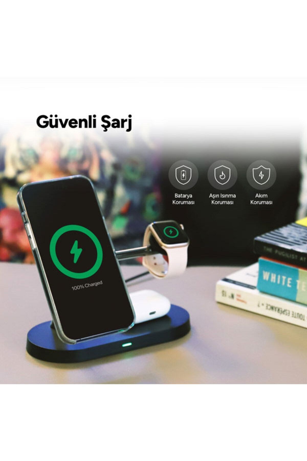 Aircharger Quattro M Magsafe Uyumlu Iphone+applewatch+airpods Led Li Kablosuz Hızlı Şarj Standı