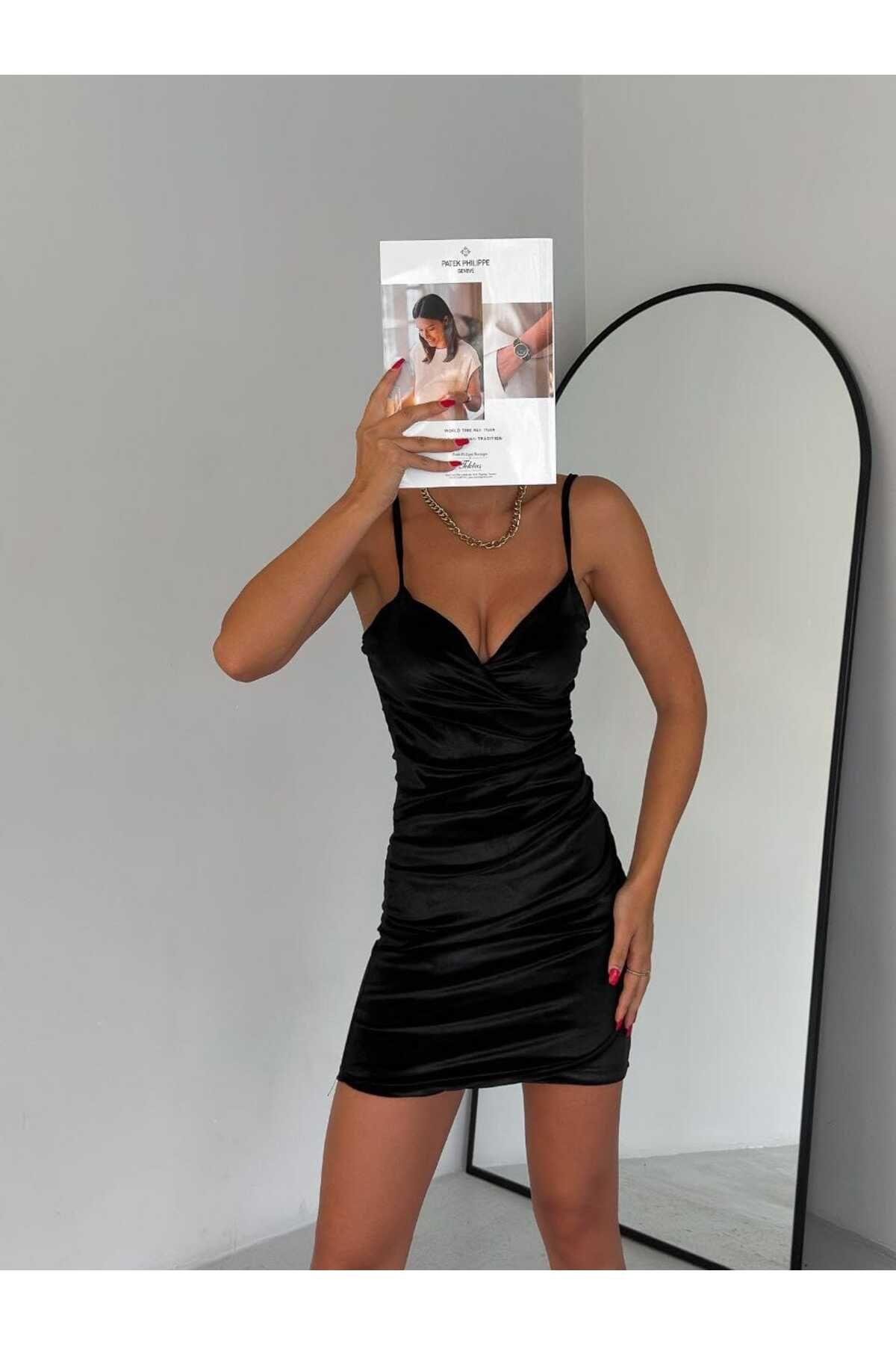 Askılı Likralı Drape Kadife Elbise