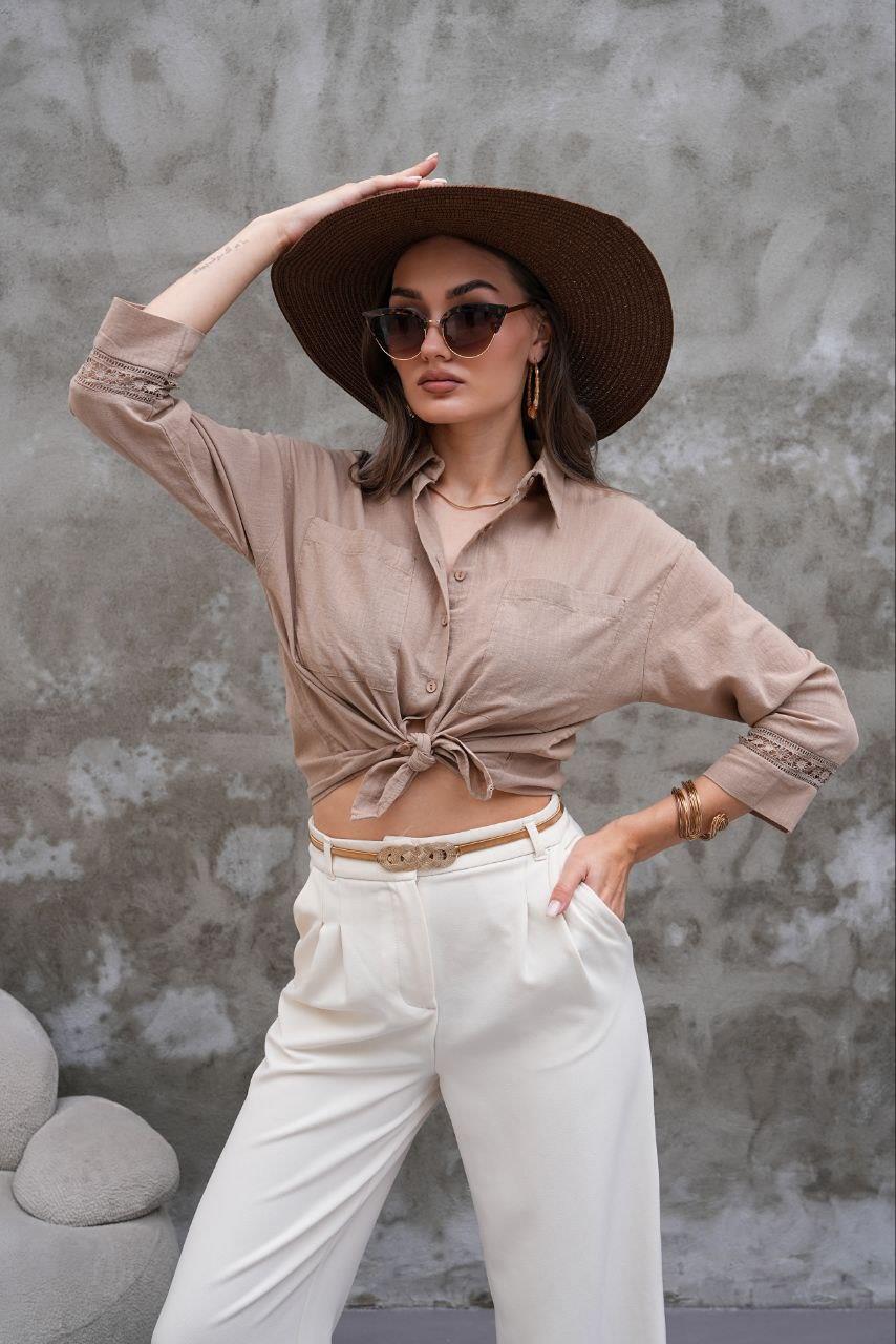 Dantel Detaylı Keten Crop Gömlek