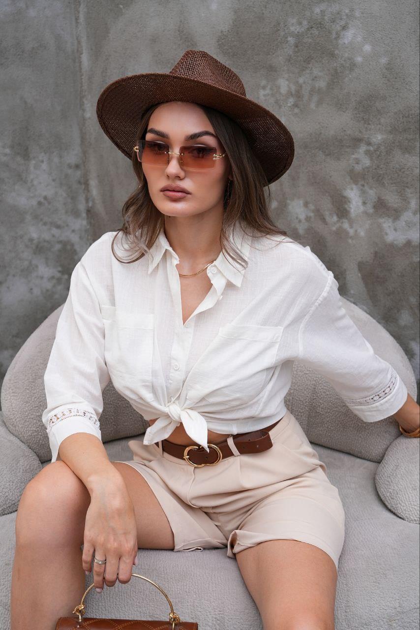 Dantel Detaylı Keten Crop Gömlek