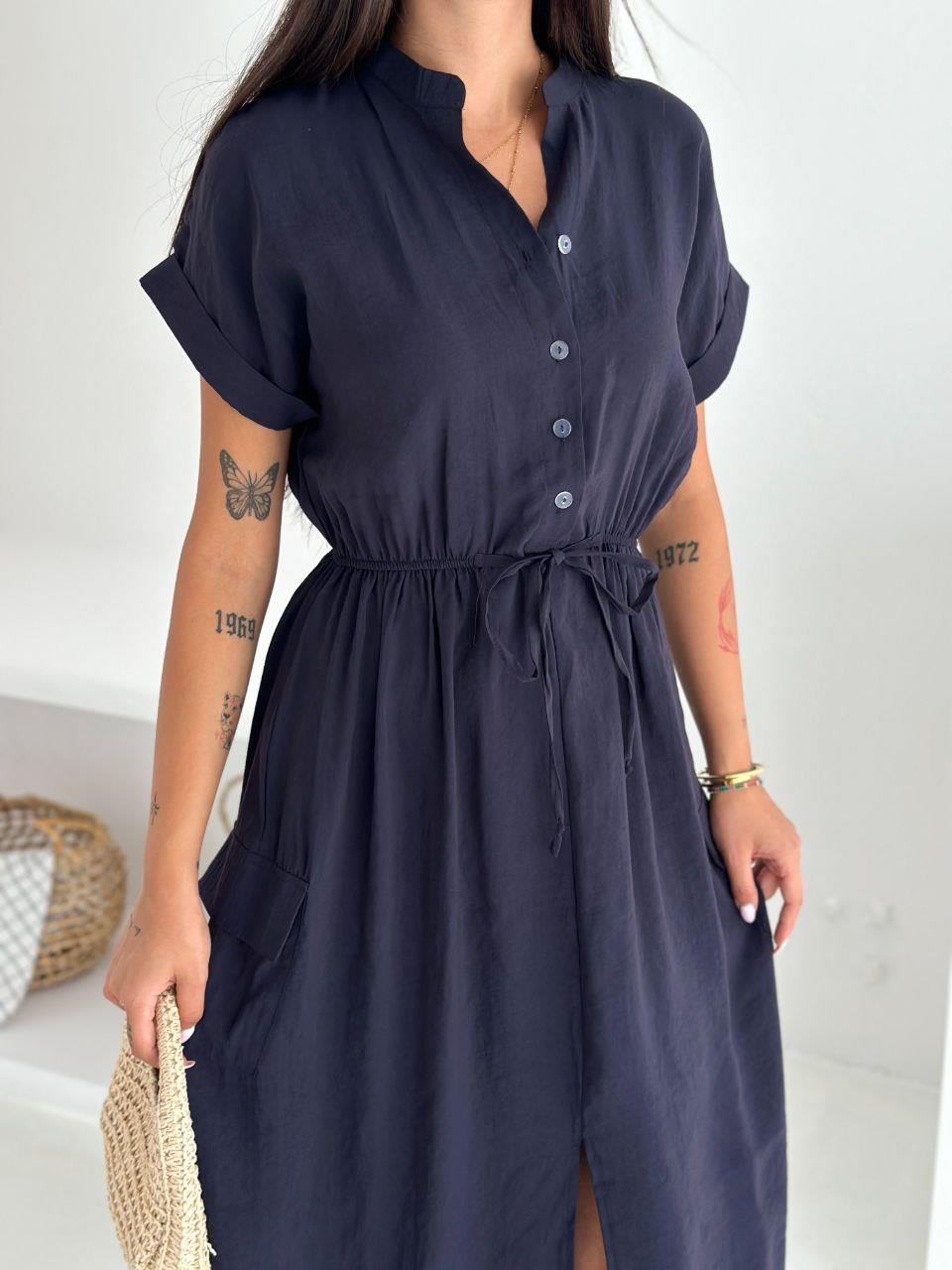 Dokuma Modal, Düğmeli, Yırtmaçlı, Kuşak Detaylı Uzun Elbise