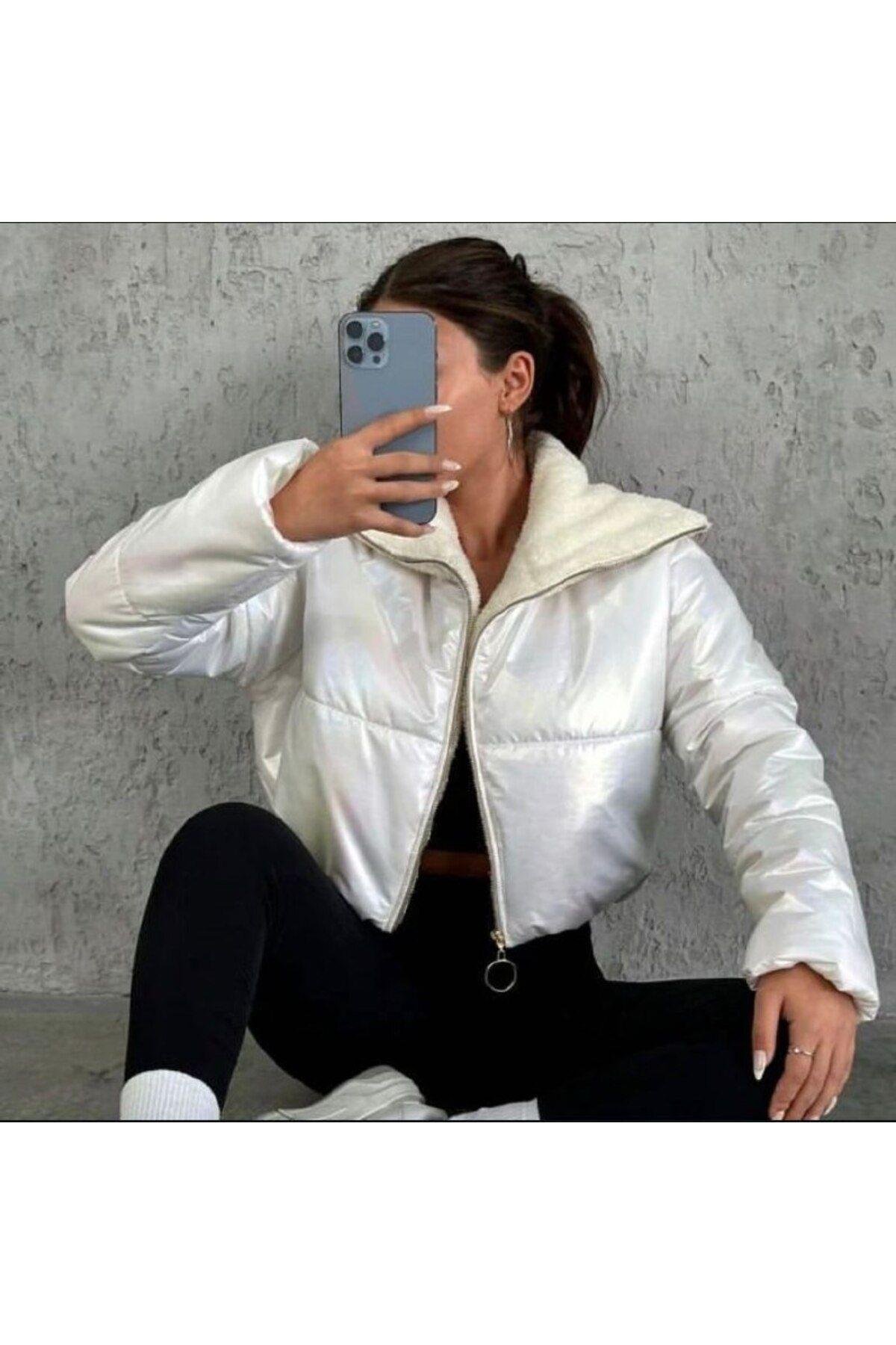 Fermuarlı Kürklü Crop Şişme Mont