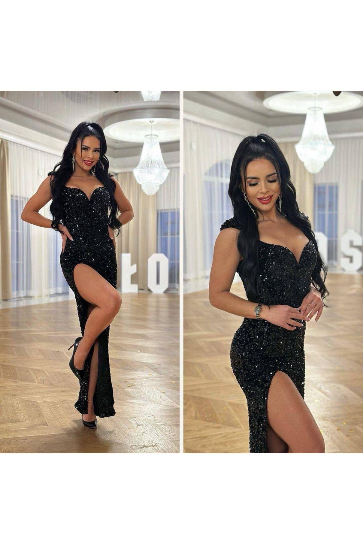 İthal Full Likralı Pulpayet Işlemeli Kadife Kumaş Göğüs Ve Yırtmaç Dekolteli Maxi Boy Elbise