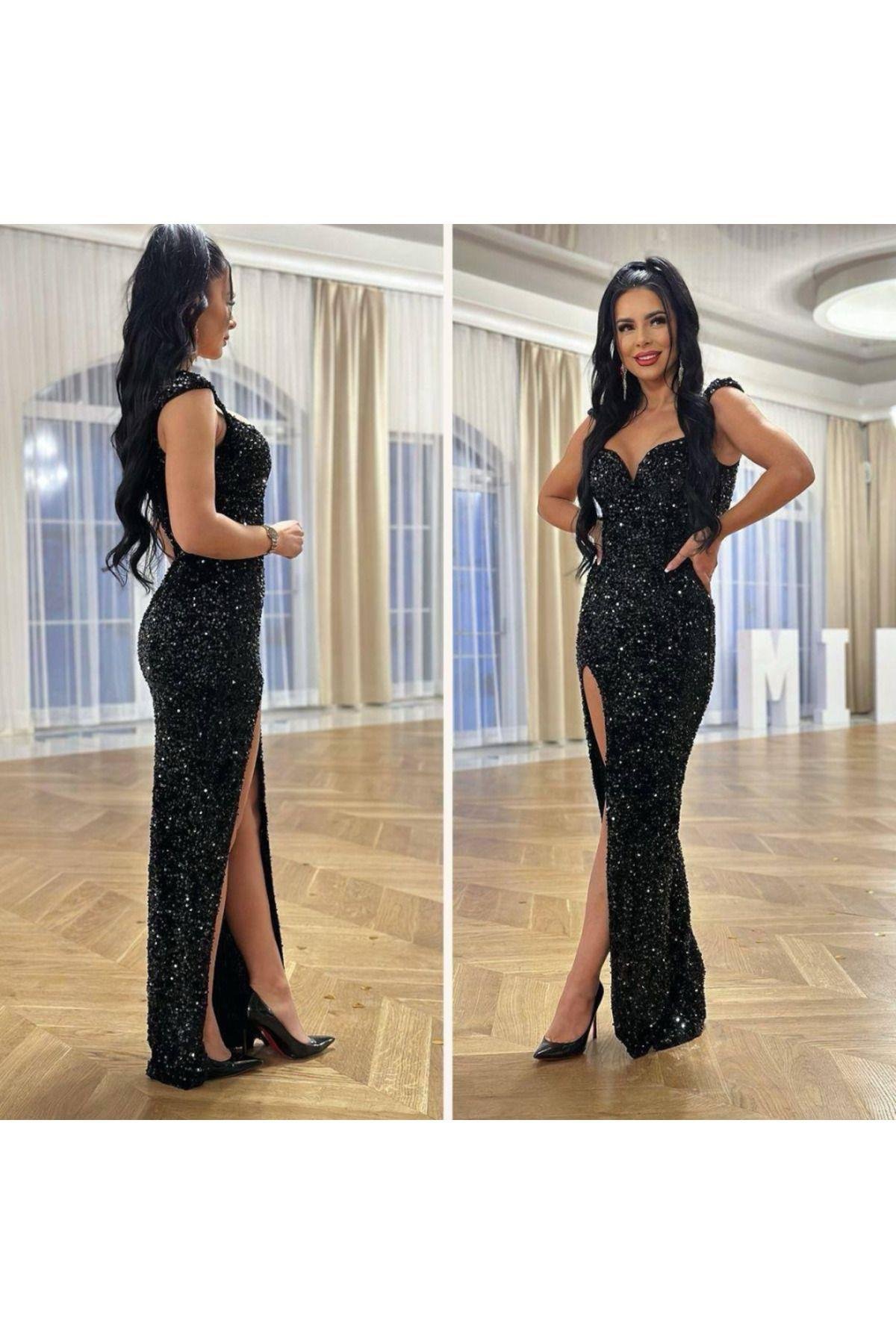 İthal Full Likralı Pulpayet Işlemeli Kadife Kumaş Göğüs Ve Yırtmaç Dekolteli Maxi Boy Elbise