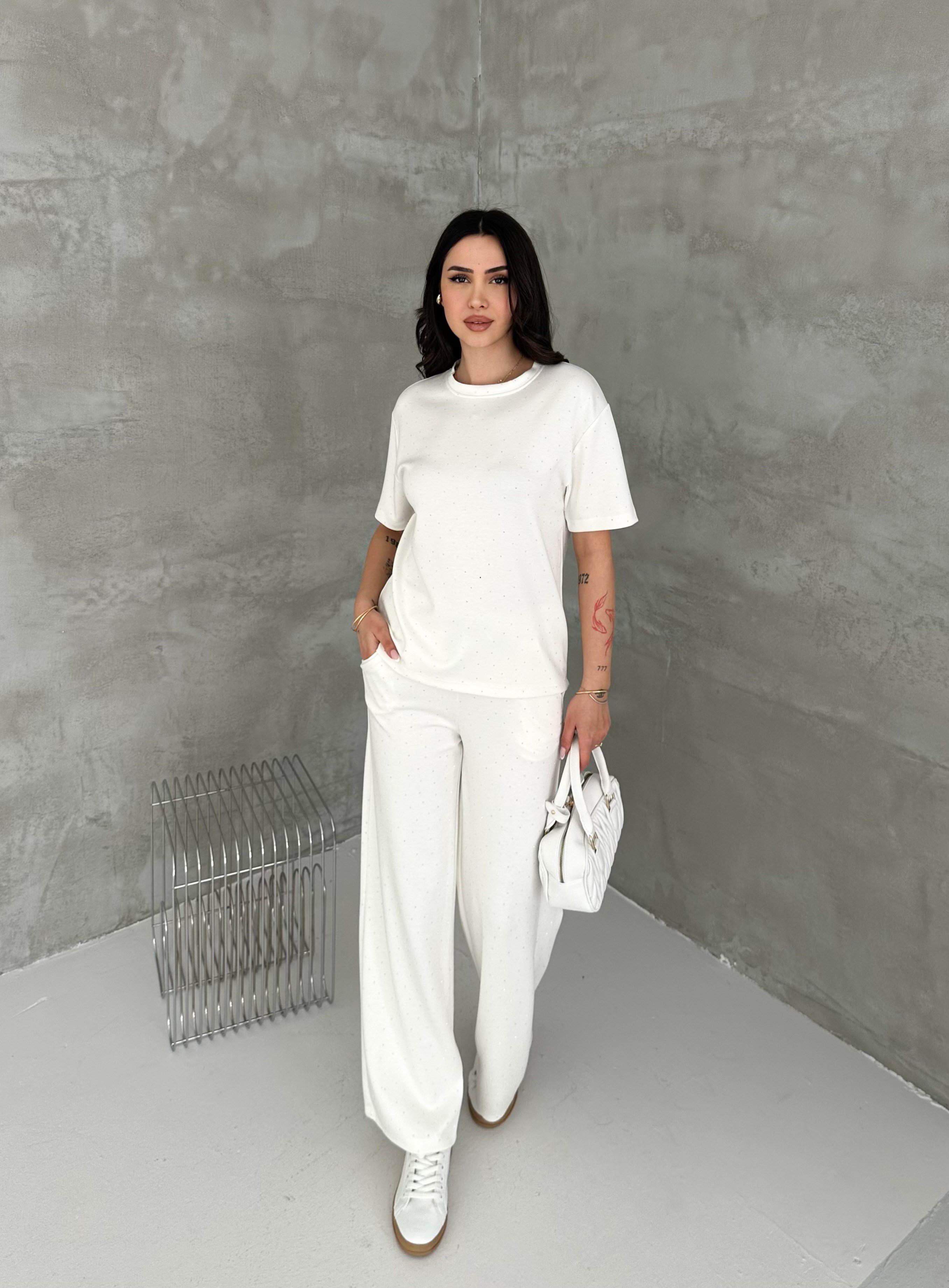 Kadın Bisiklet Yaka Taş Detaylı Cepli Işıltılı İkili Takım