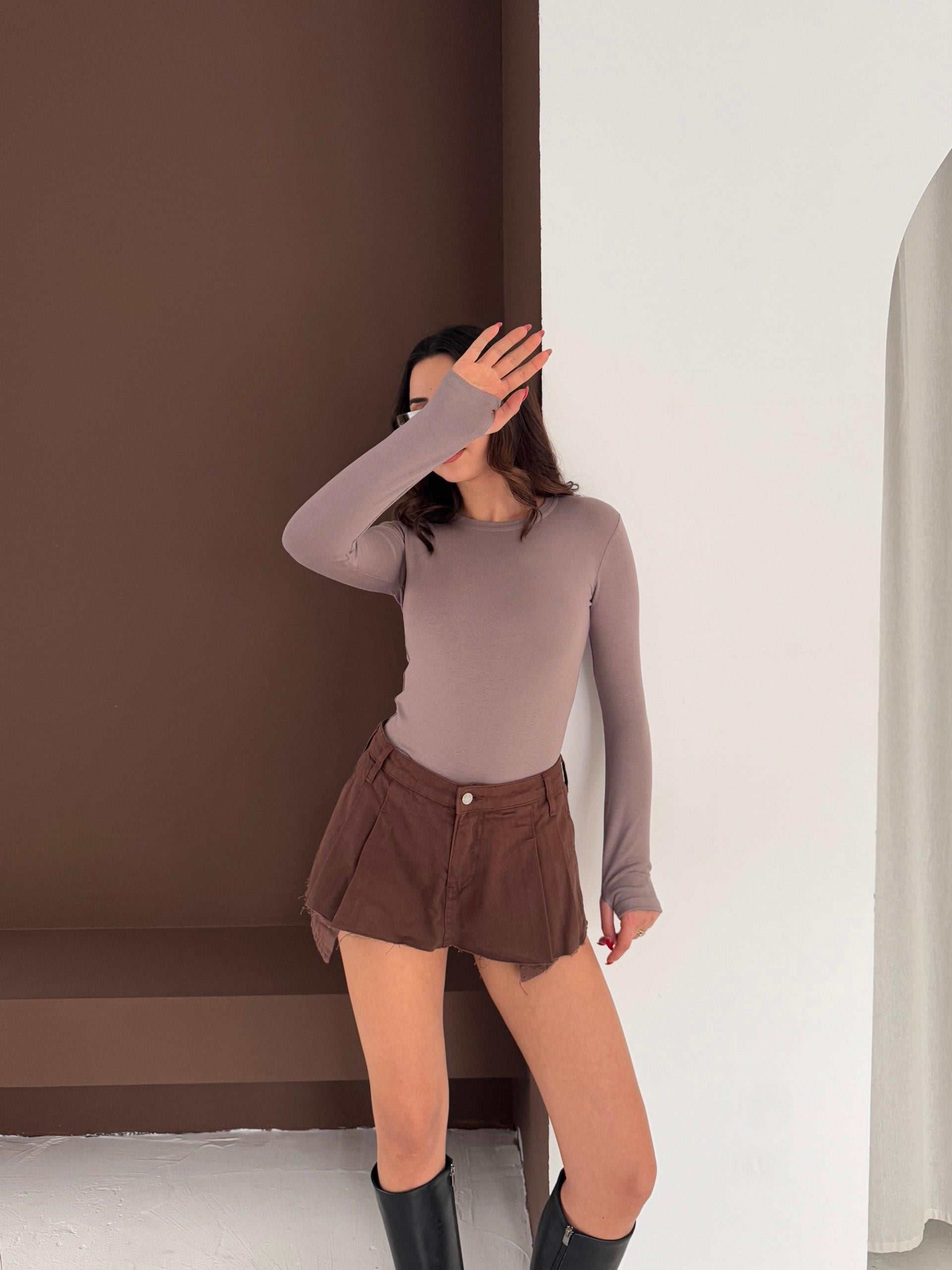 Kadın Bisiklet Yaka Uzun Kollu Parmak Geçme Detaylı Altı Çıtçıtlı Full Likralı Buzzy Body 