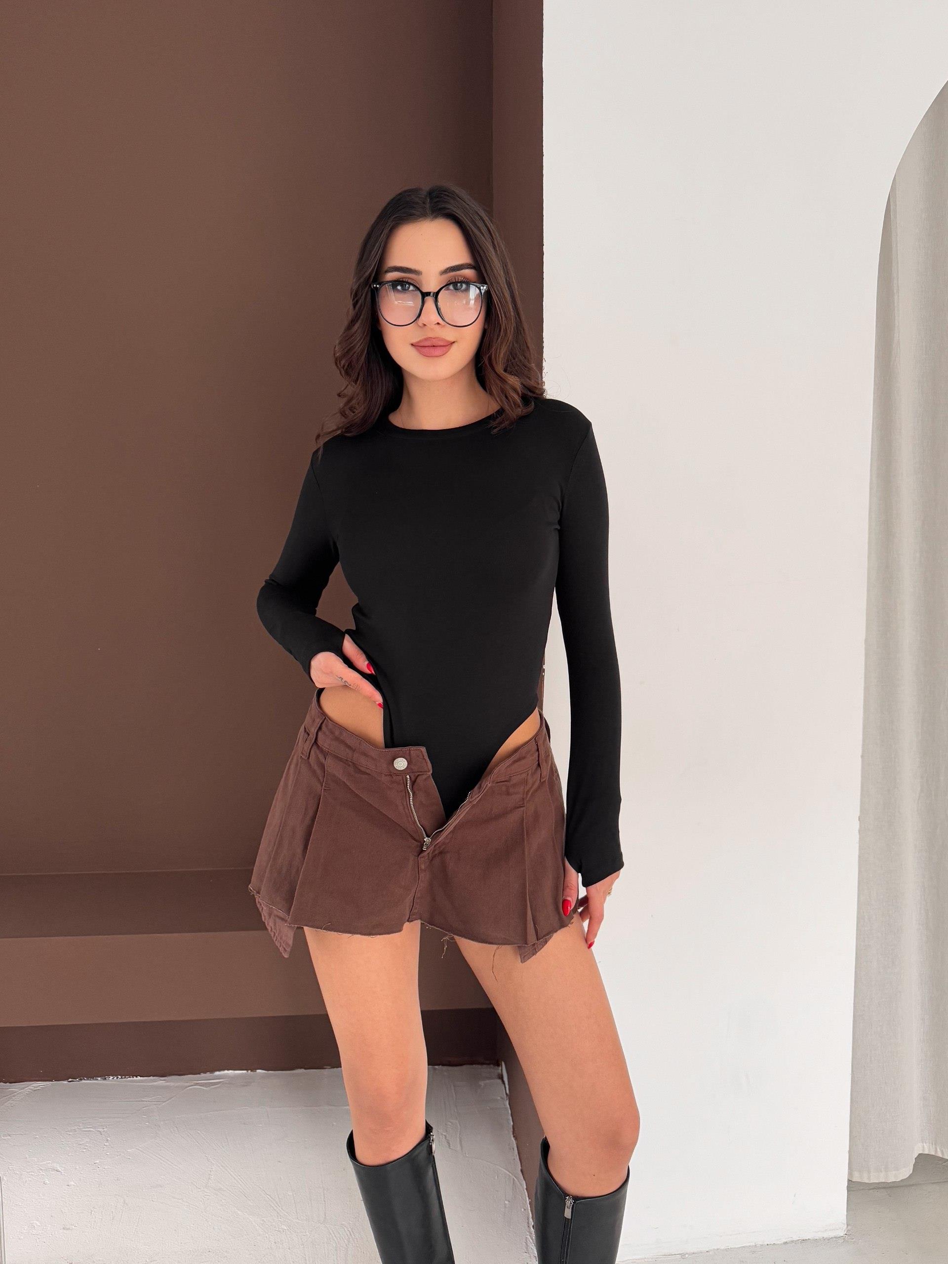 Kadın Bisiklet Yaka Uzun Kollu Parmak Geçme Detaylı Altı Çıtçıtlı Full Likralı Buzzy Body 