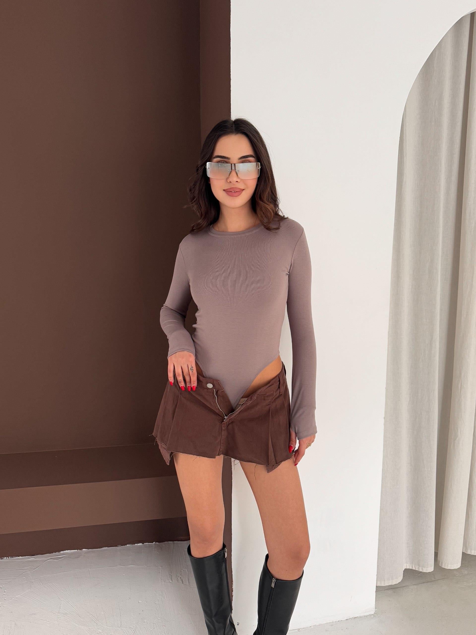 Kadın Bisiklet Yaka Uzun Kollu Parmak Geçme Detaylı Altı Çıtçıtlı Full Likralı Buzzy Body 