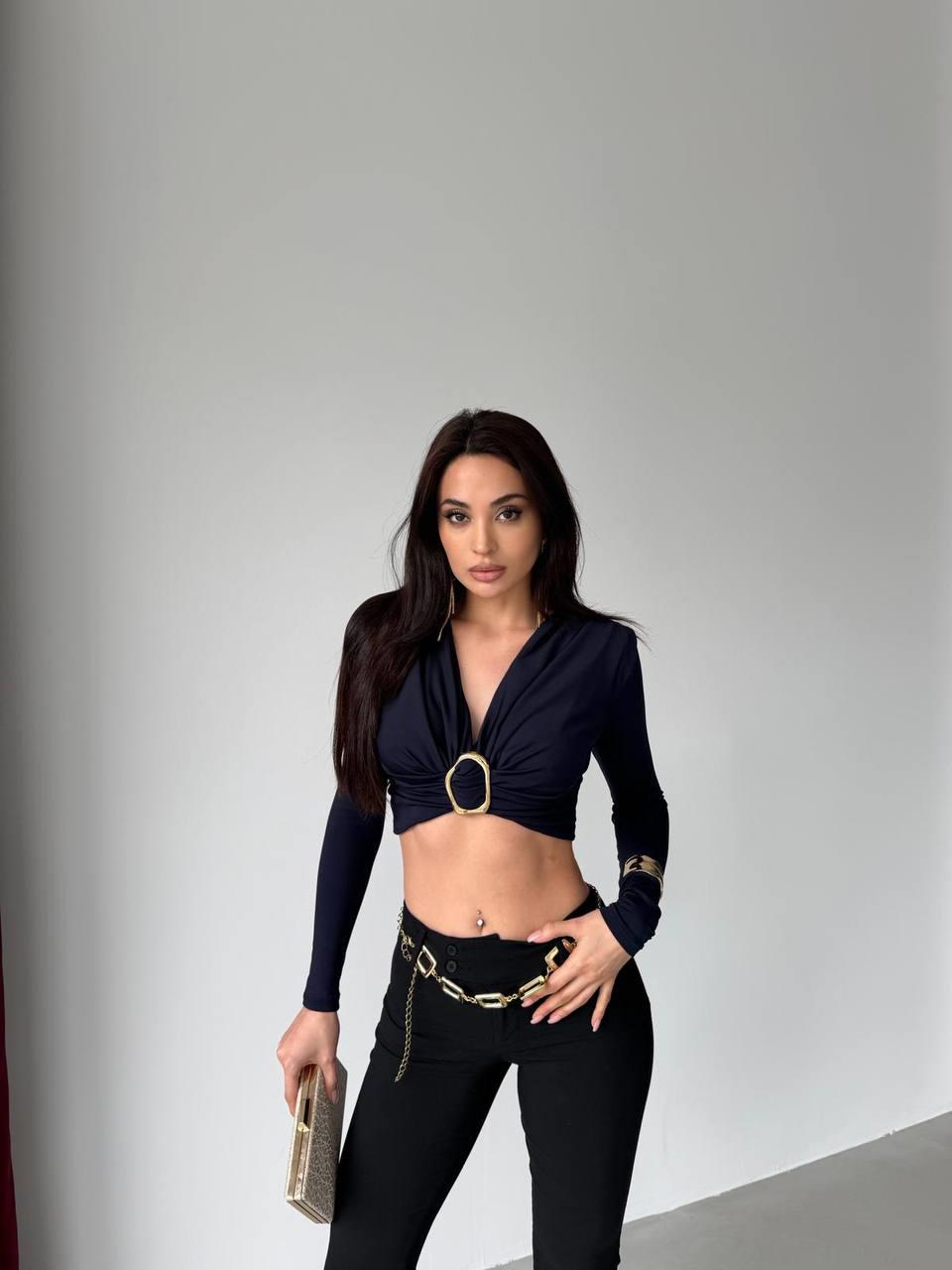 Kadın Dalgıç Kumaş Tokalı Vatkalı Crop Bluz