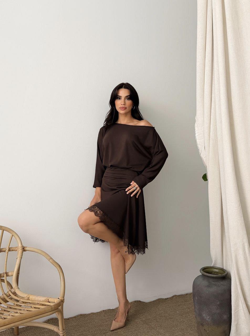 Kadın Dantelli Bel Drape Detaylı Kayık Yaka Modal Kumaş Midi Elbise