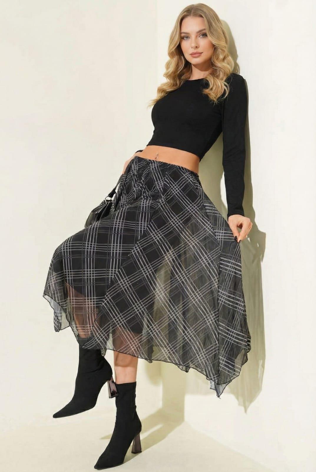 Kadın Ekose Desenli Kırışık Efektli Astarlı Midi Şifon Etek