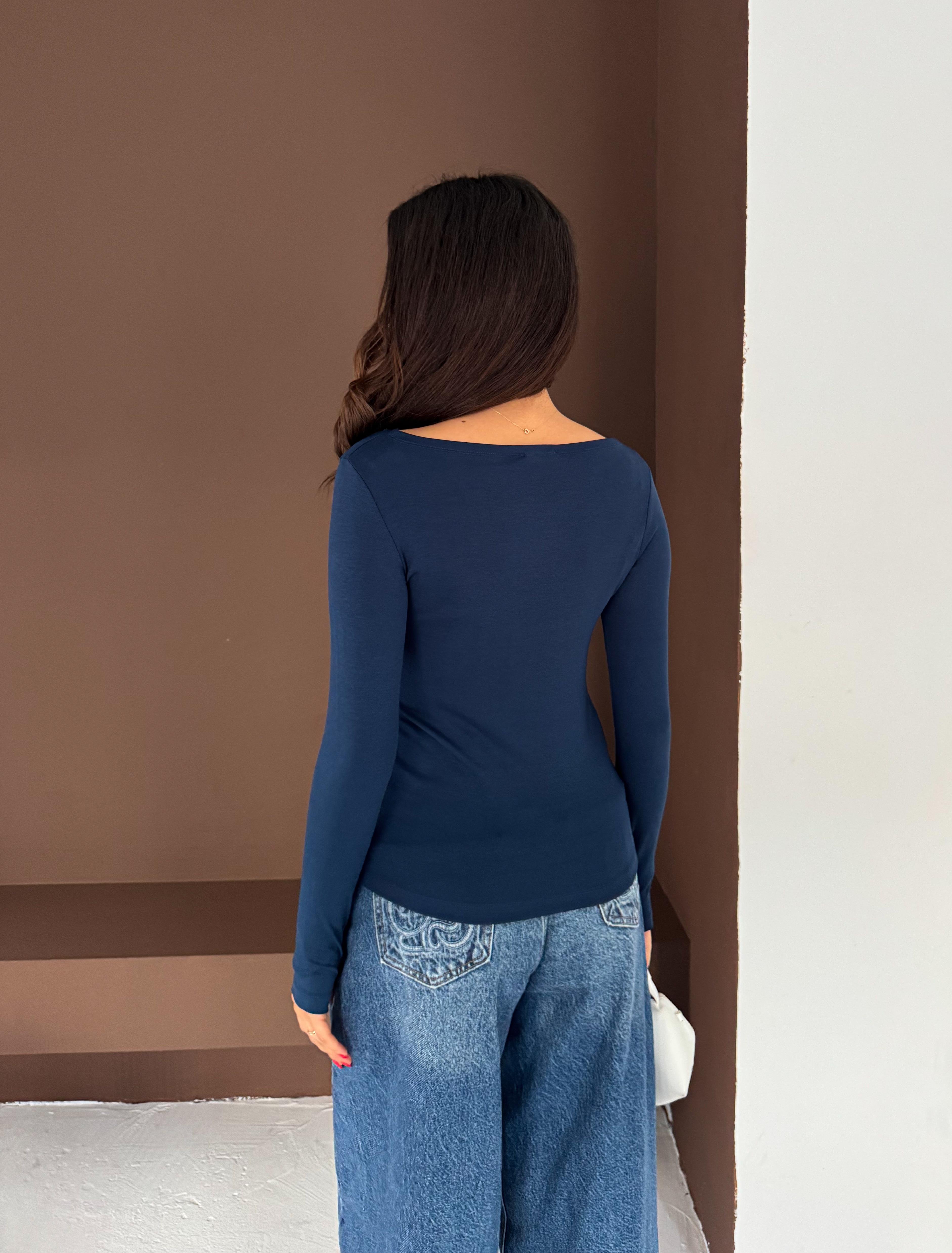 Kadın Kayık Yaka Parmak Geçmeli Uzun Kollu Full Likralı Pamuk Viskon Buzzy Body Tişort